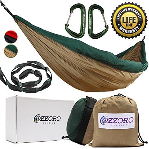 Double Hammock with Tree Straps – XL Camping Hammock Lightweight Portable Heavy Duty Two Person Parachute Nylon Hammock for Backpacking Outdoor Camp (Khaki/Dark Green)