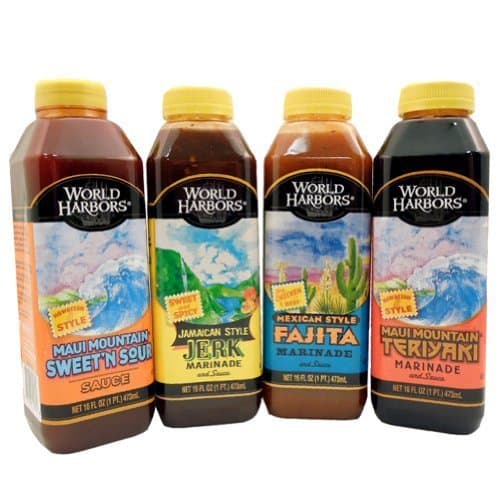 Bundle - 4 Items: World Harbors Marinade Sauces - Mexican Style Fajita, Maui Mountain Teriyaki, Jamaican Style Jerk, Maui Mountain Sweet 'n Sour by World Harbors