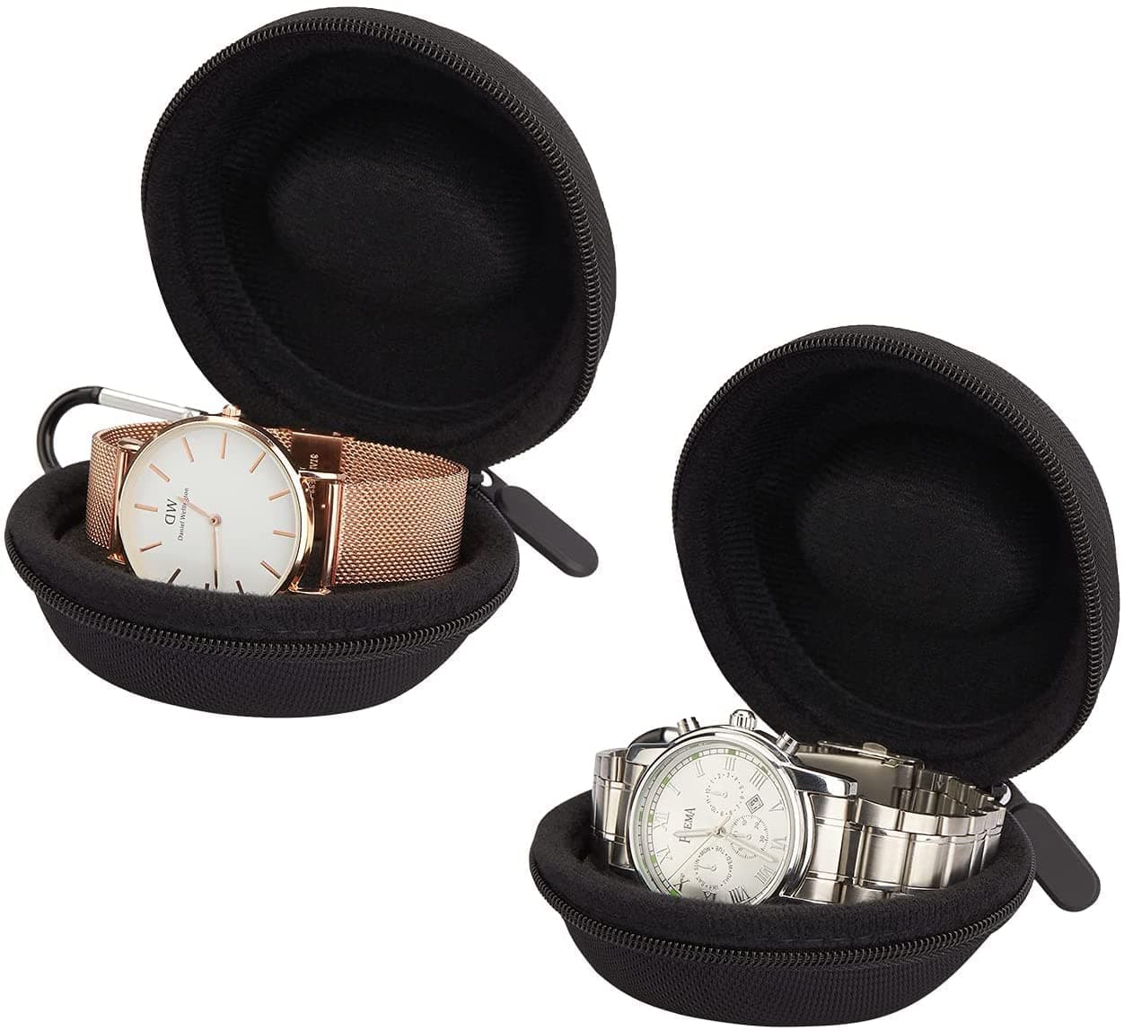 2 Travel Watch Case ï¼ŒSingle Watch Box w/Zipper for Storage,Cushioned Round Portable Watch Case, Fits All Wristwatches and Smart Watches up to 50mm (Black)