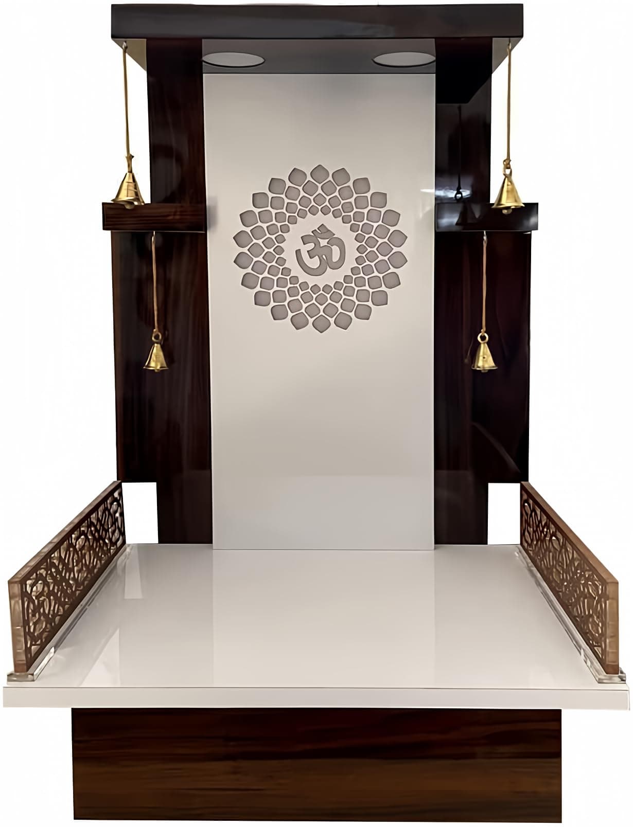 Wooden Brown Temple With LED Light for Home and Office - Wall Hanging & Table Top Mandir (24X16X12 in)
