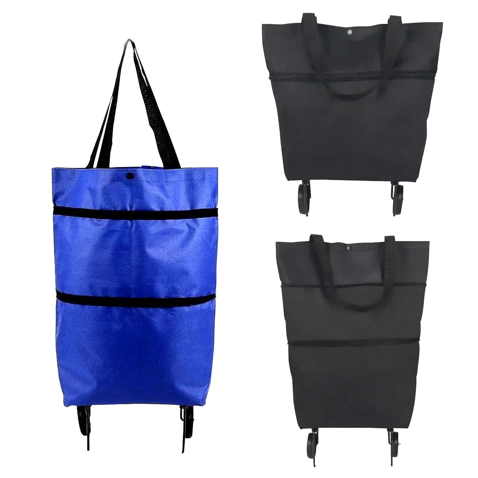 ARCHEOPTERYX Collapsible Shopping Utility Trolley Bag on Wheels Folding Shopping Resuable Grocery Bag for Shopping Travel - 2pcs (Black/Blue)