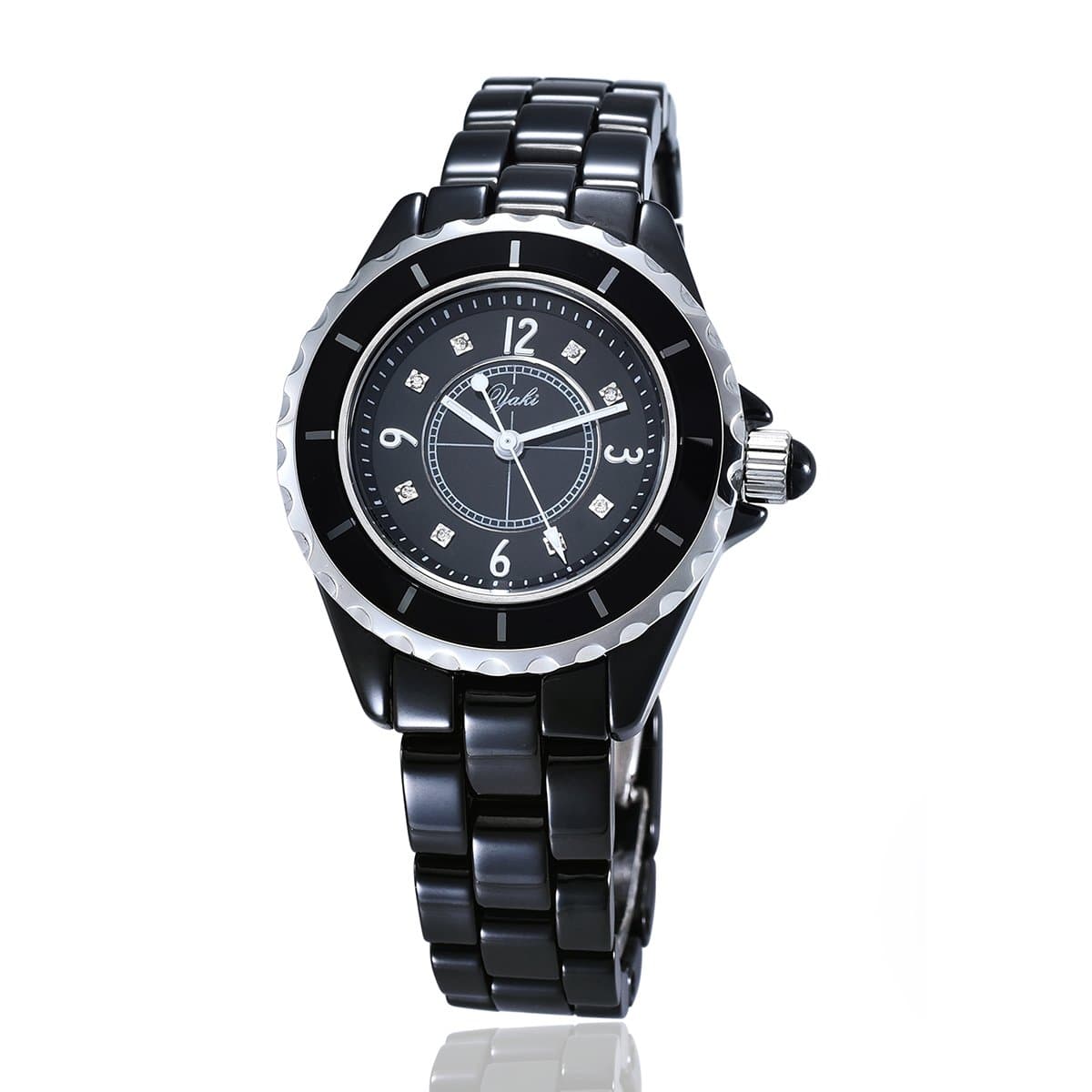 YAKI Women's Swiss Quartz Waterproof Watch with Black Dial Analogue Display and Ceramic Bracelet Strass