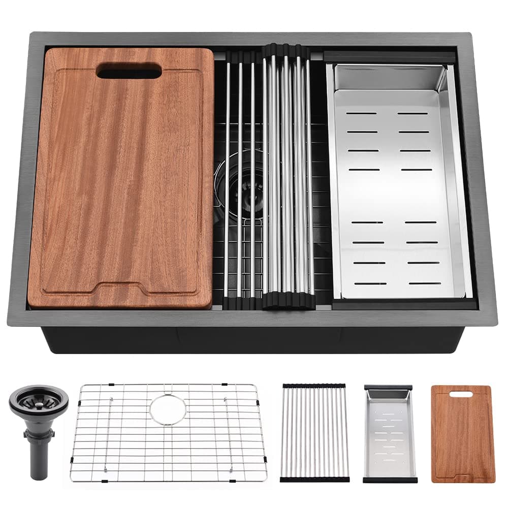 27 Inch Black Undermount Kitchen Sink Workstation-Bokaiya 27x19 Stainless Steel Undermount Sink 16 Gauge Deep Single Bowl Kitchen Sinks with Cutting Board