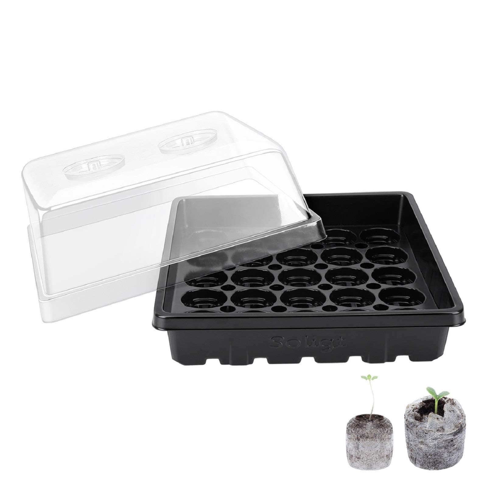 SOLIGT [Thick Plastic] 4 Set Strong Seed Starter Tray with 4" Humidity Dome and Pellet Holder for 100 Jiffy 30mm, 36mm & 42mm Peat Pellets, Seed Starting, Germinating Propagating, Pellet Not Included