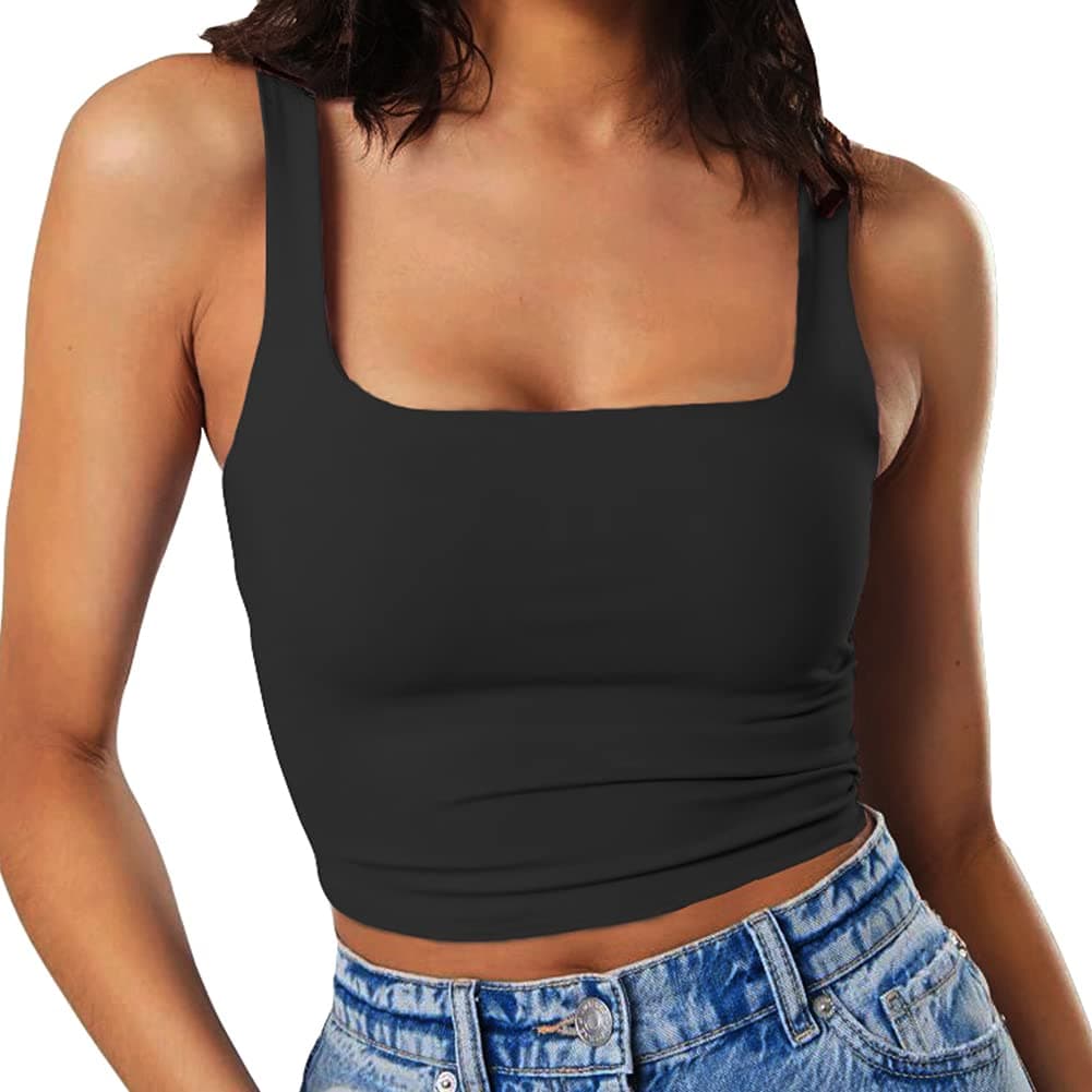 - Women's Sleeveless Strappy Tank Square Neck Double Layer Workout Fitness Casual Basic Crop Tops
