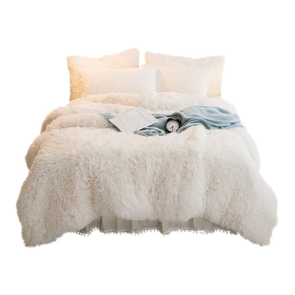TOMENGBEIAABBCC YOUHAM Luxury Faux Fur Bedding Sets Shaggy Plush Duvet Cover Sets Crystal Velvet Reversible Quilted Pillow Shams with Pompoms Fringe, Zipper Closure (Queen, Light Beige)