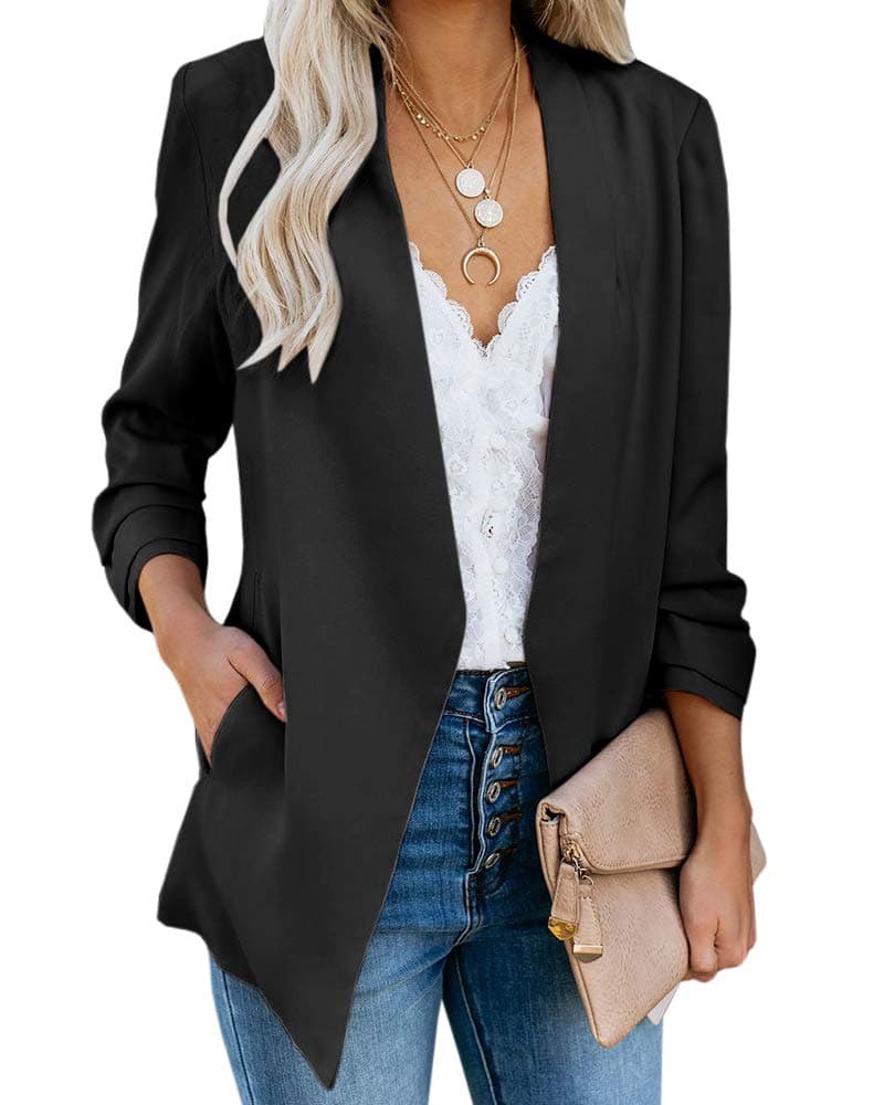 Womens Casual Blazer Ruched 3/4 Sleeve Open Front Relax Fit Office Lightweight Cardigan Jacket Blazers Coats