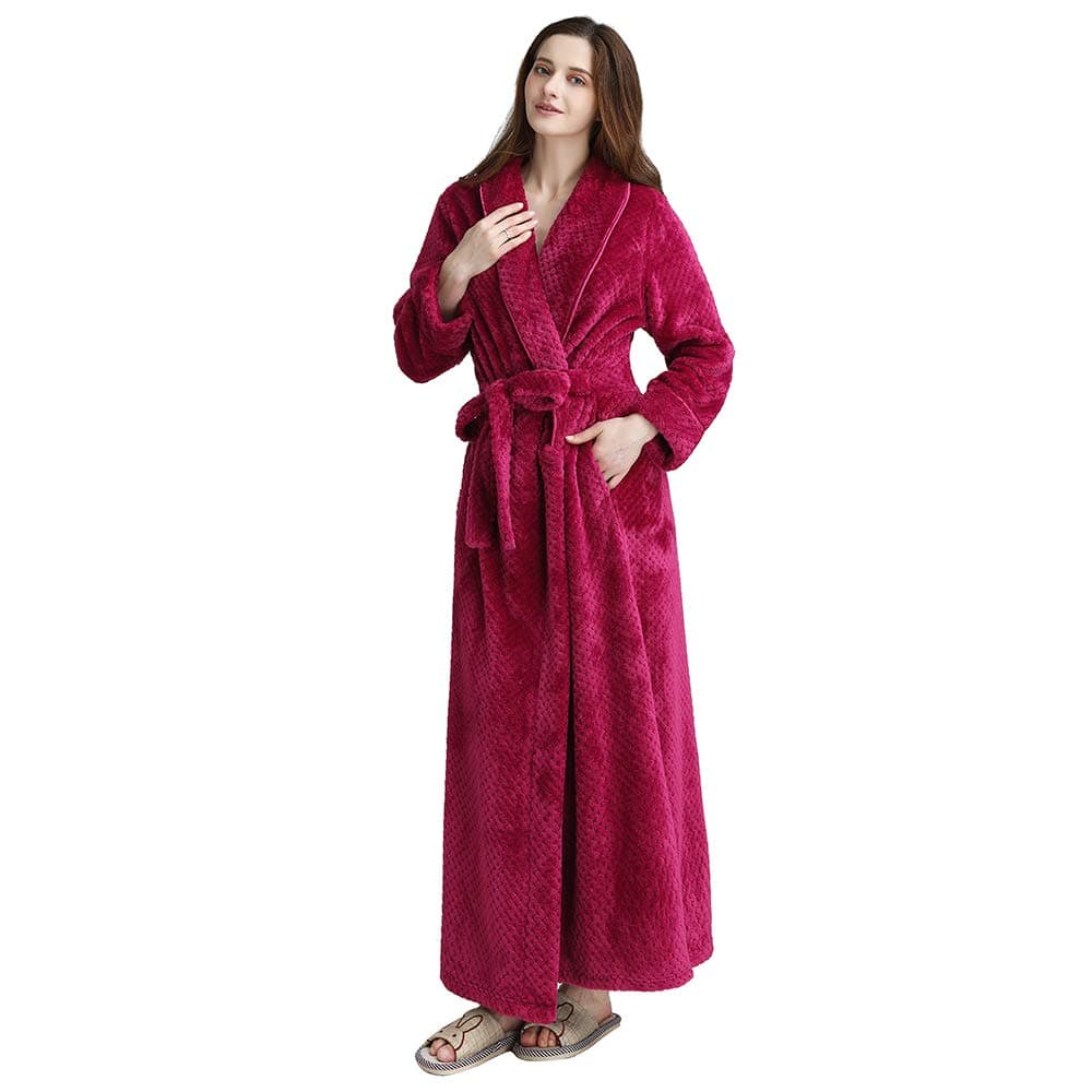 Oksun Womens Dressing Gown Full Length Robe Plus Size Fleece Warm Long Bathrobe with Belt Rose Red
