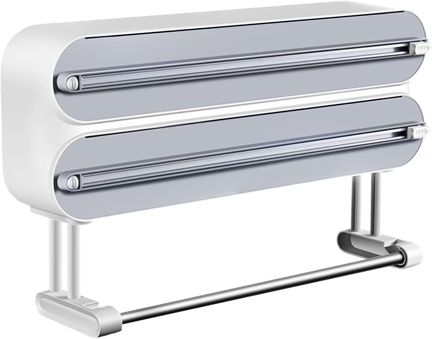 3 in 1 Wrap Organizer With Cutter - 2 Rolls of Plastic Wrap and Aluminum Foil Dispenser, Magnetic Paper Towel Holder for Fridge, Foil and Plastic Organizer