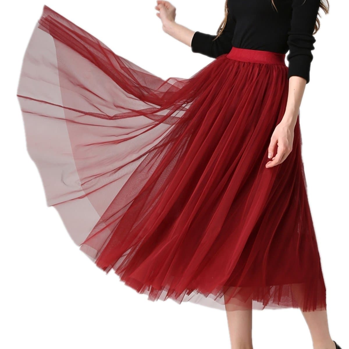 XINUO Women Elastic Waist 4 Layers Gauze Tulle Ball Gown Big Swing OL Long Skirts (One-Size, Wine Red)