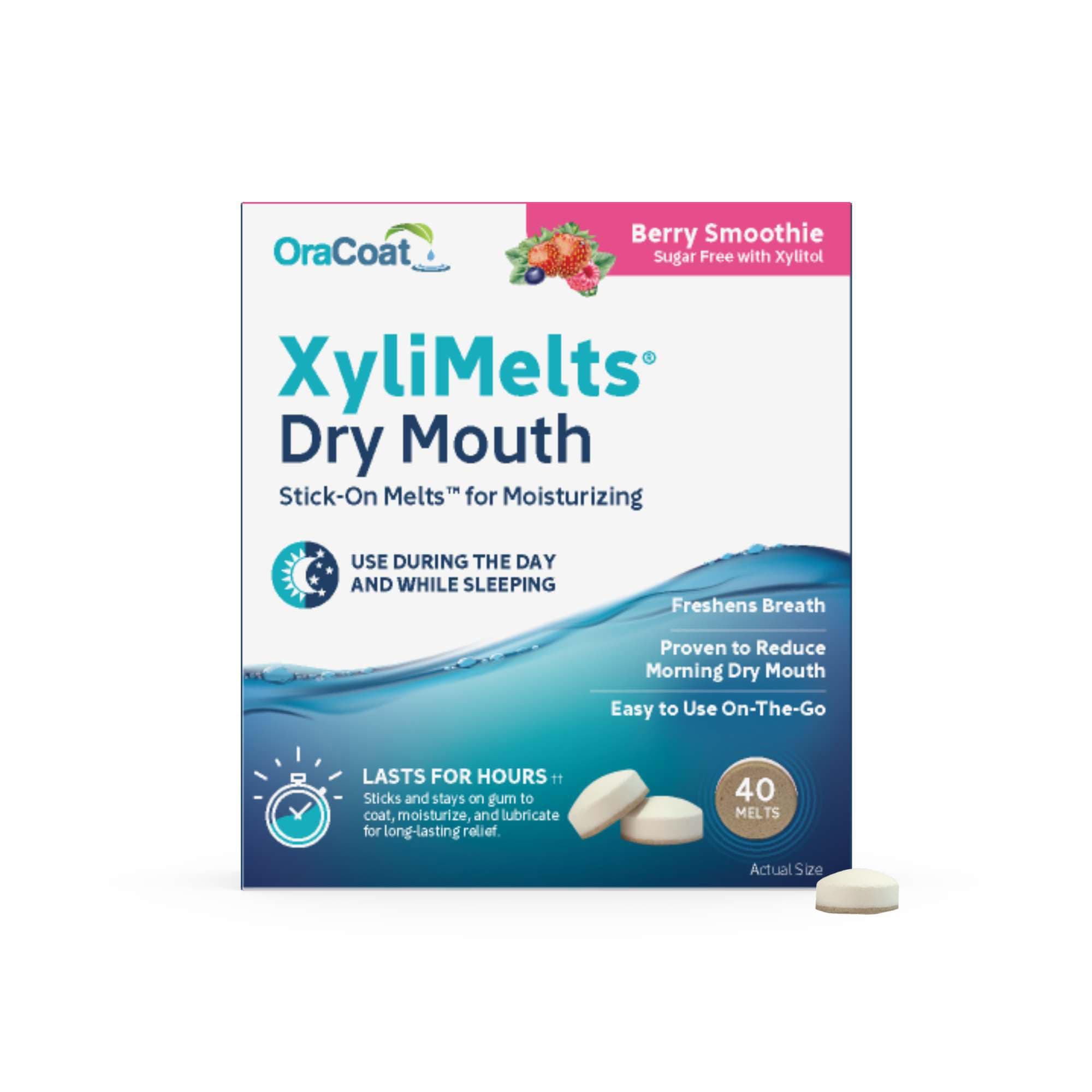 XyliMelts for Dry Mouth Night Time or Day - Moisturizing Dry Mouth Adhering Discs, Sugar Free with Xylitol, 40 Count, Berry Smoothie Flavor, 8-Hour Relief