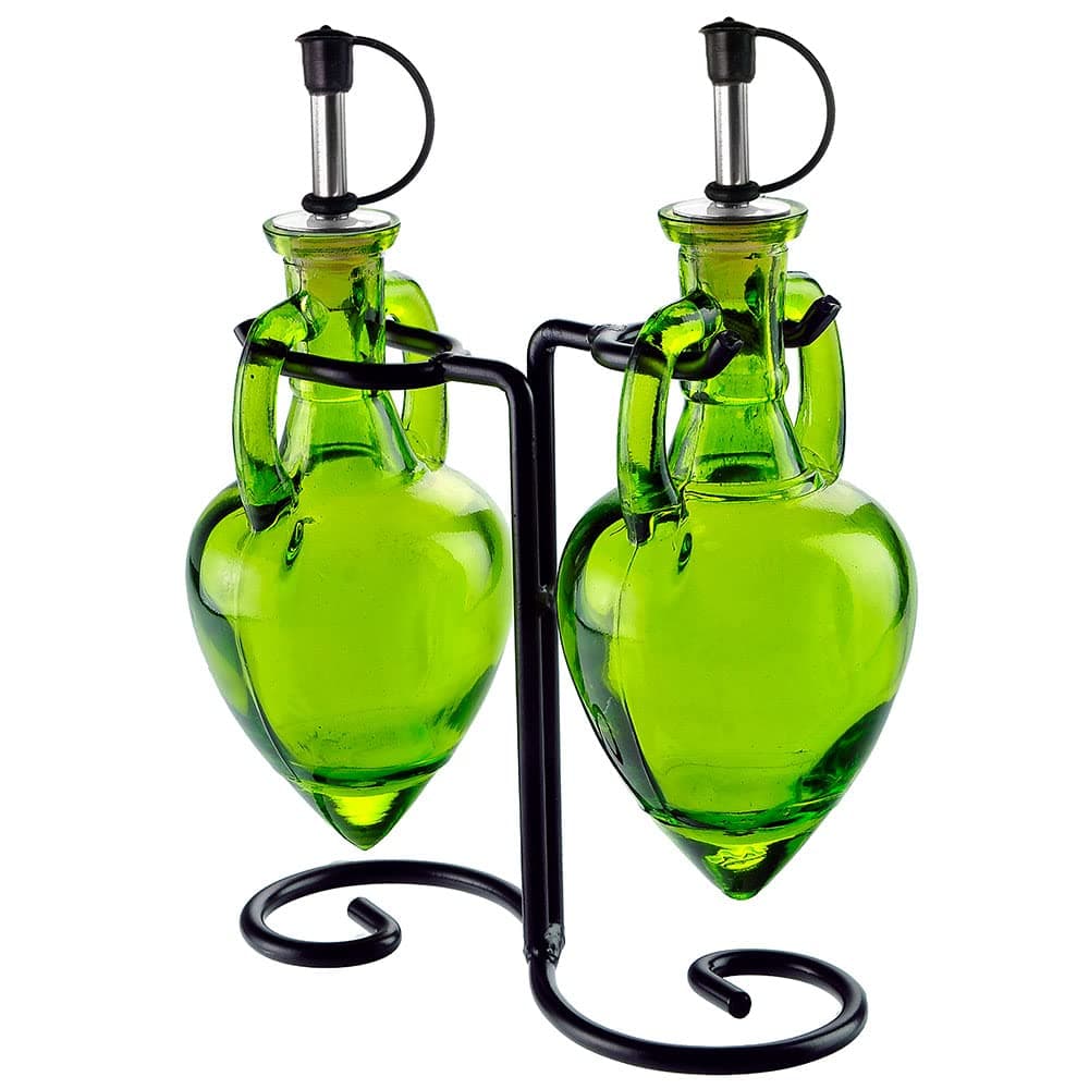 Couronne Company Amphora Double Oil & Vinegar Glass Cruet Set w/ Stand, 6.1 oz * 2, Lime, 1 Piece
