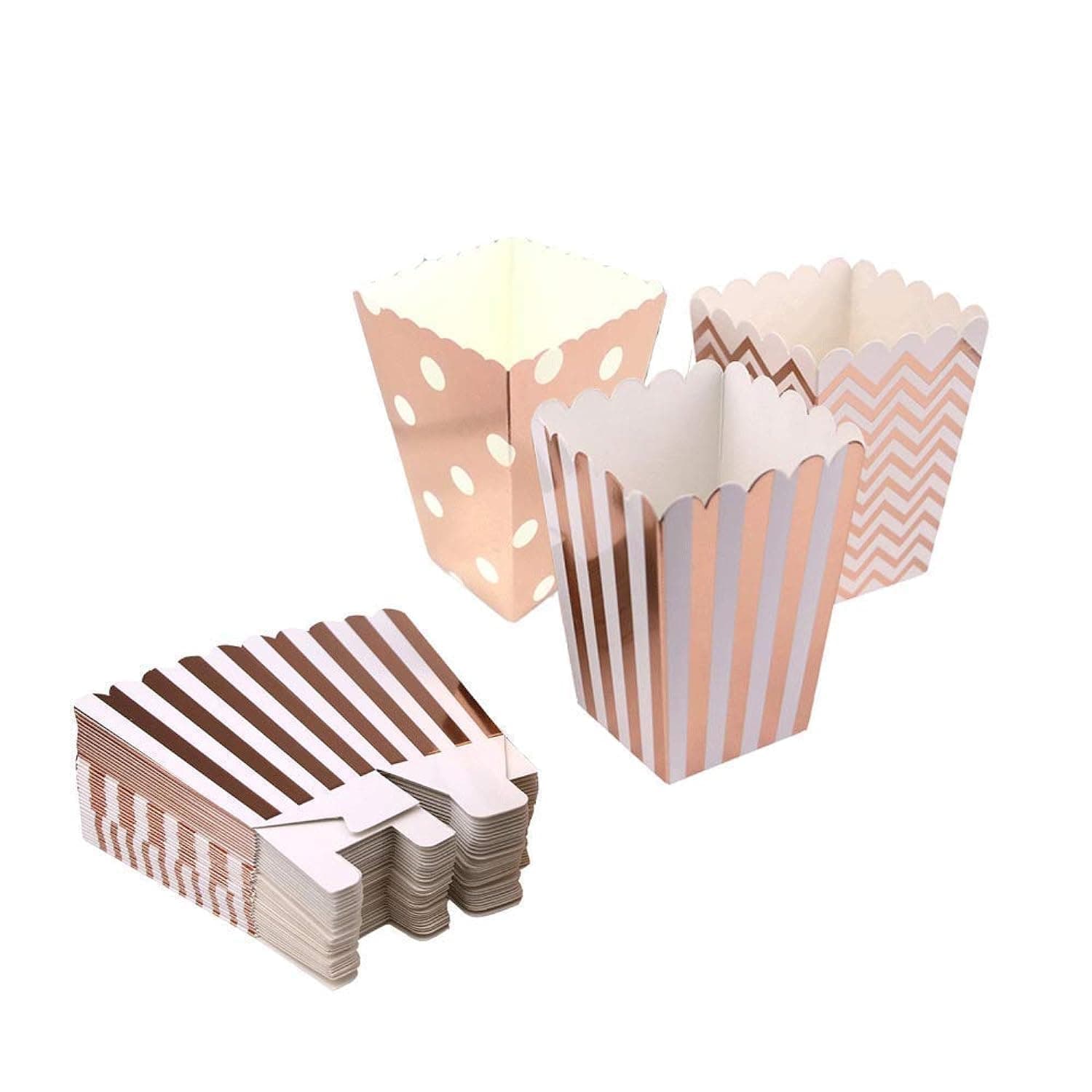 36PCS Popcorn Boxes Cardboard Candy Boxes Polka Dot Stripe Chevron Ripple，For Birthday, Bridal and Baby Shower，Carnival/Graduation/Party/Movie/Fiesta，Dessert Tables Wedding Party Supplies (Rose Gold)