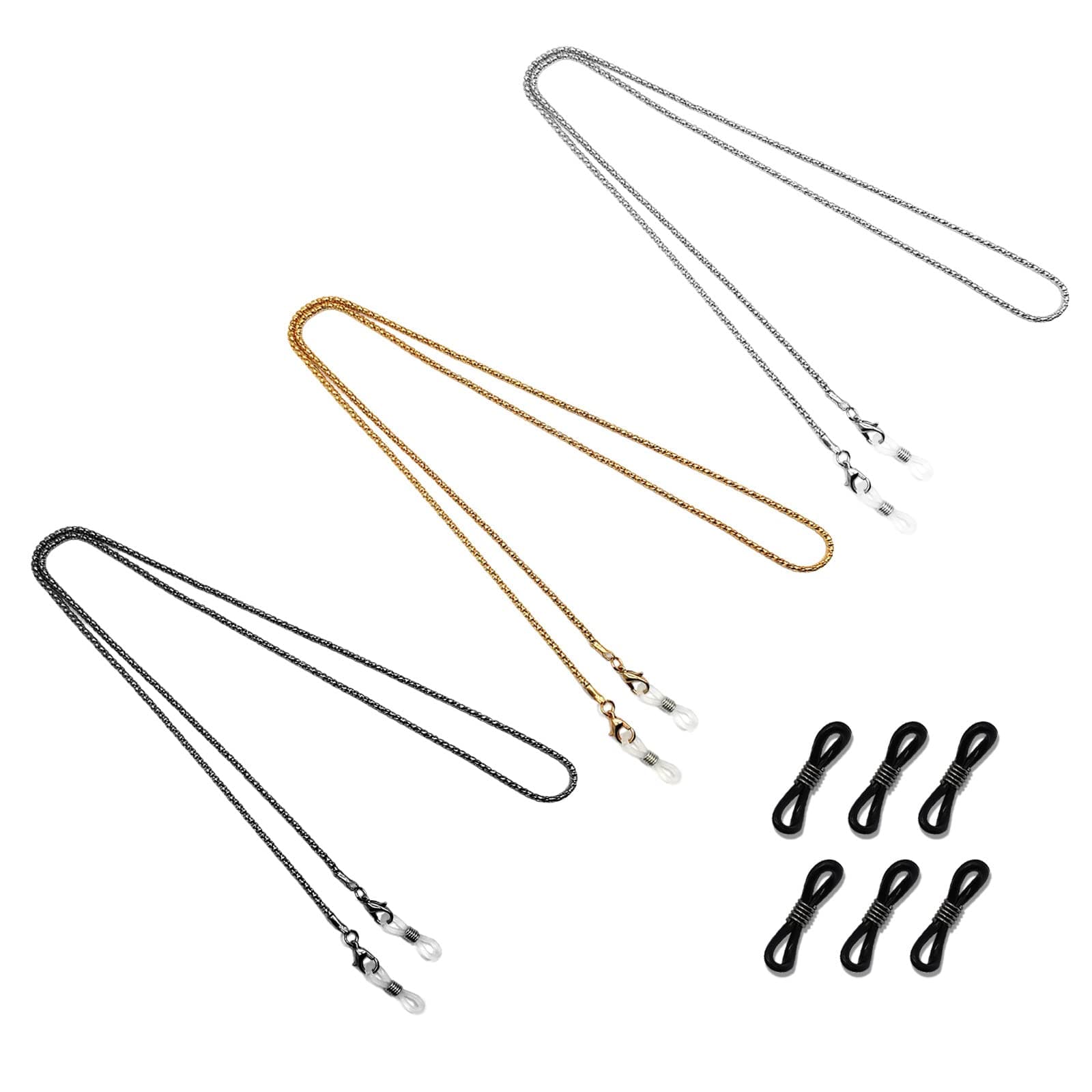 3 Pcs Eyeglass Chain Neck Cord Sunglass Neck Strap Holder with 6 Pair Silicone Anti-slip Rings Spectacles Straps Lanyard Eyewear Strap for Men & Women (Silver Golden Black)