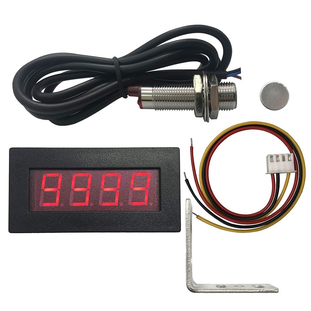 DIGITEN 4 Digital Red LED Tachometer RPM Speed Meter + Hall Proximity Switch Magnet Sensor NPN + Sensor Mounting Holder for Lathe Conveyor Belt