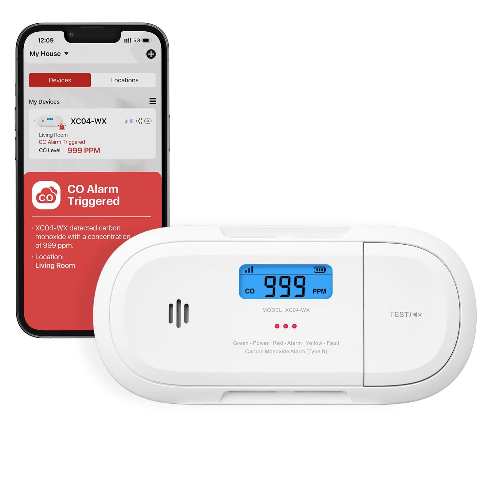 Wi-Fi Smart Carbon Monoxide Alarm Carbon Monoxide Detector, Real-Time Push Notifications via X-Sense Home Security App, Replaceable Battery, Free-Standing Design, XC04-WX