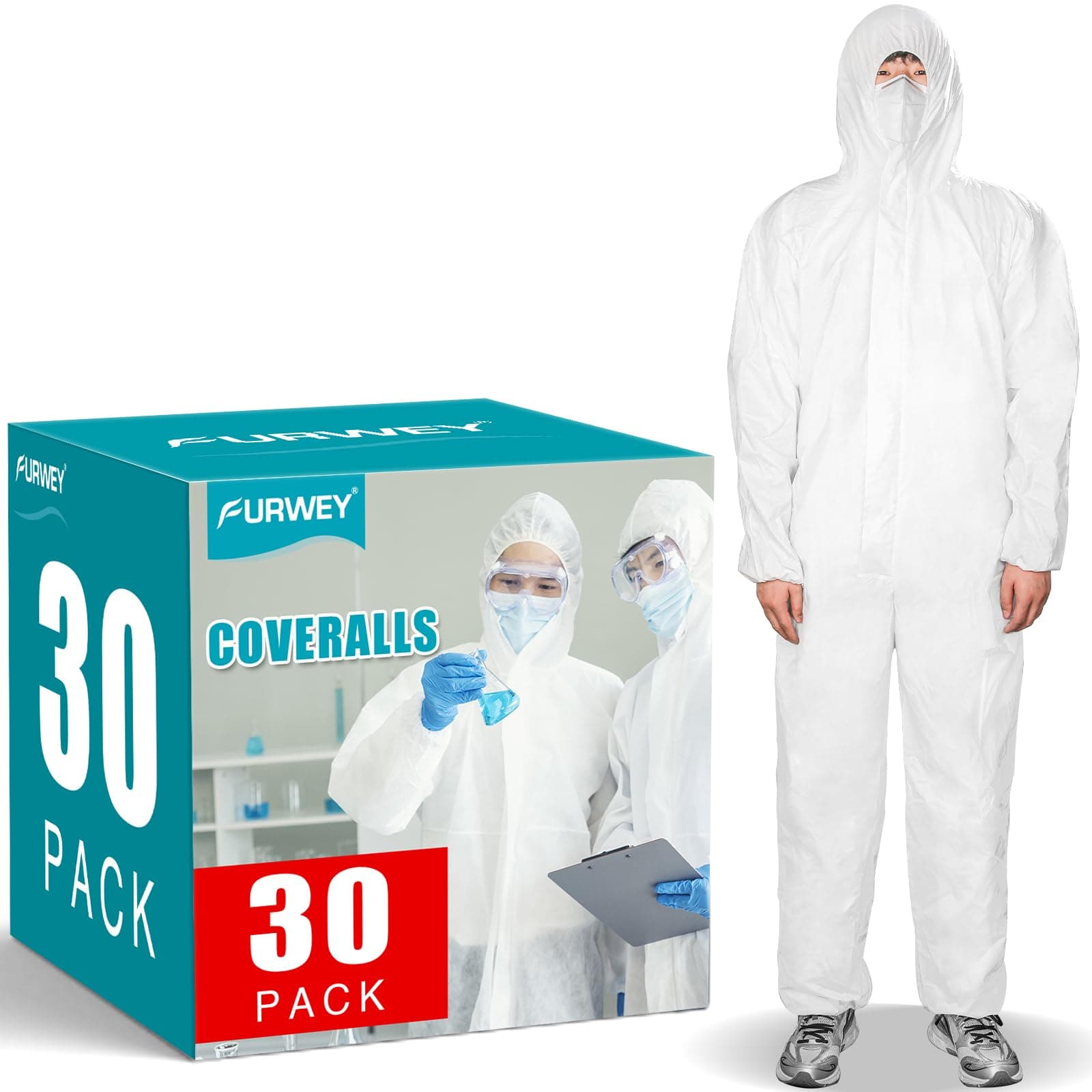 Hazmat Suits 30Pack Disposable Protective Coveralls, Heavy Duty Full Body Painters Suit for Men & Women with Elastic Wrists, Ankles and Hood, Available in 5 sizes-Medium