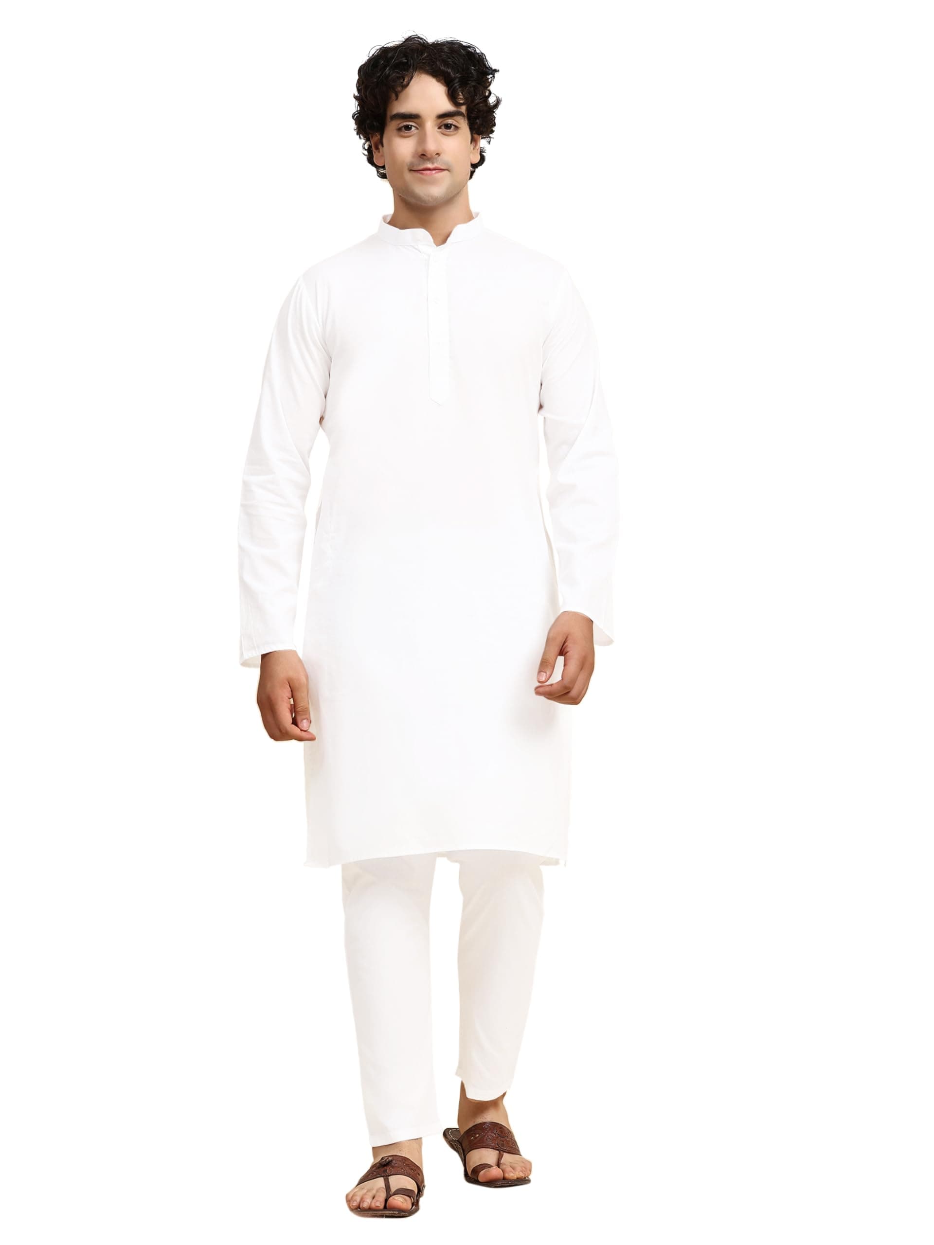 Mens Solid Cotton Kurta – Long Sleeve Mandarin Collar Ethnic Traditional Indian Wear for Festivals Casual & Wedding
