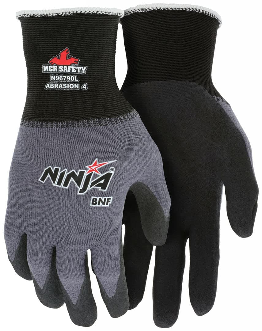 Ninja BNF N96790L Work Glove, 15 Gauge Nylon/Spandex Shell, Breathable Nitrile Foam (BNF) Coated Palm & Fingertips, Large, Black / Gray, Grey