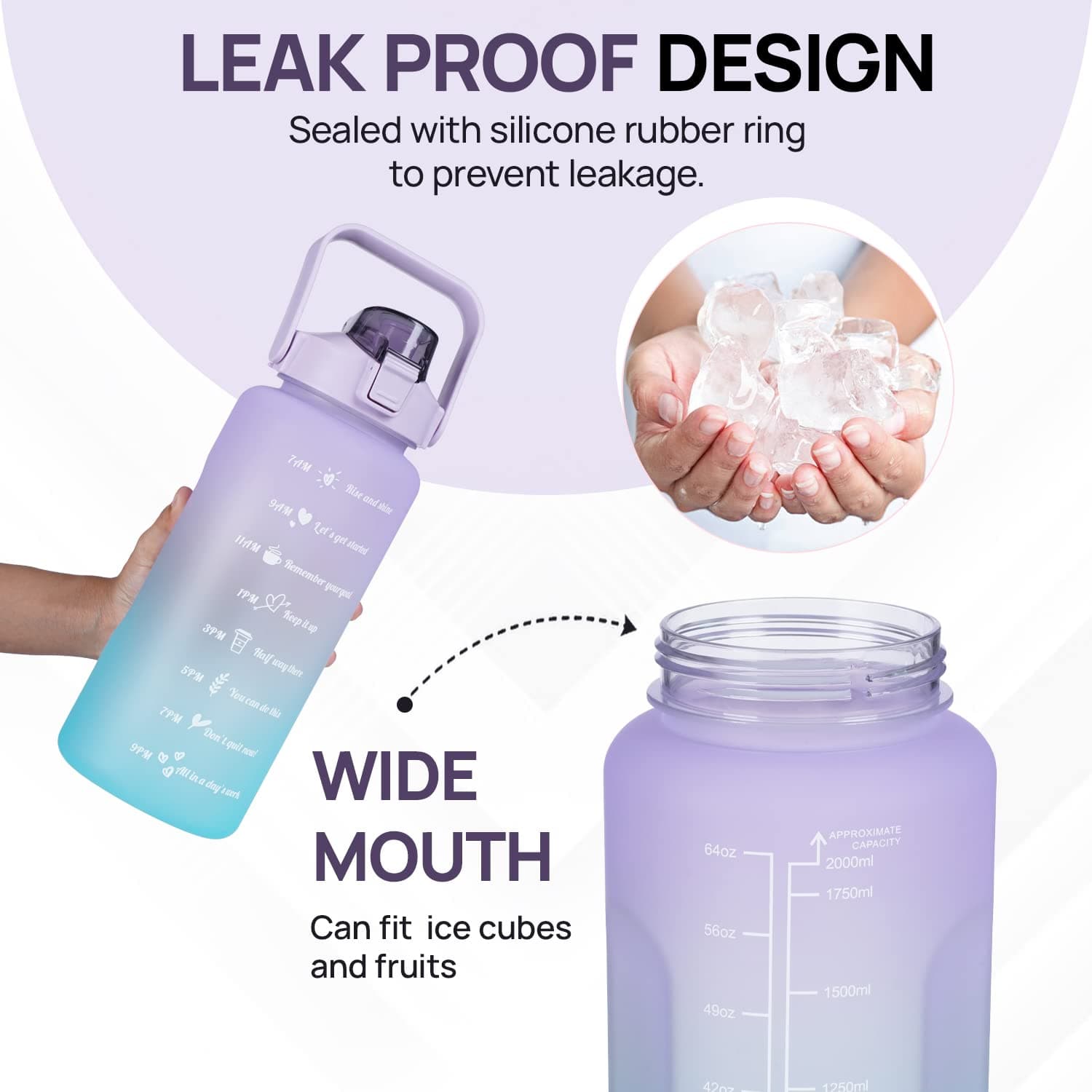 SKYTONE® Water Bottle For Office, Gym, Travel, Sports Leakproof 2 Liter Bottle With BPA-Free Plastic Included Silicone Pipe (Purple)
