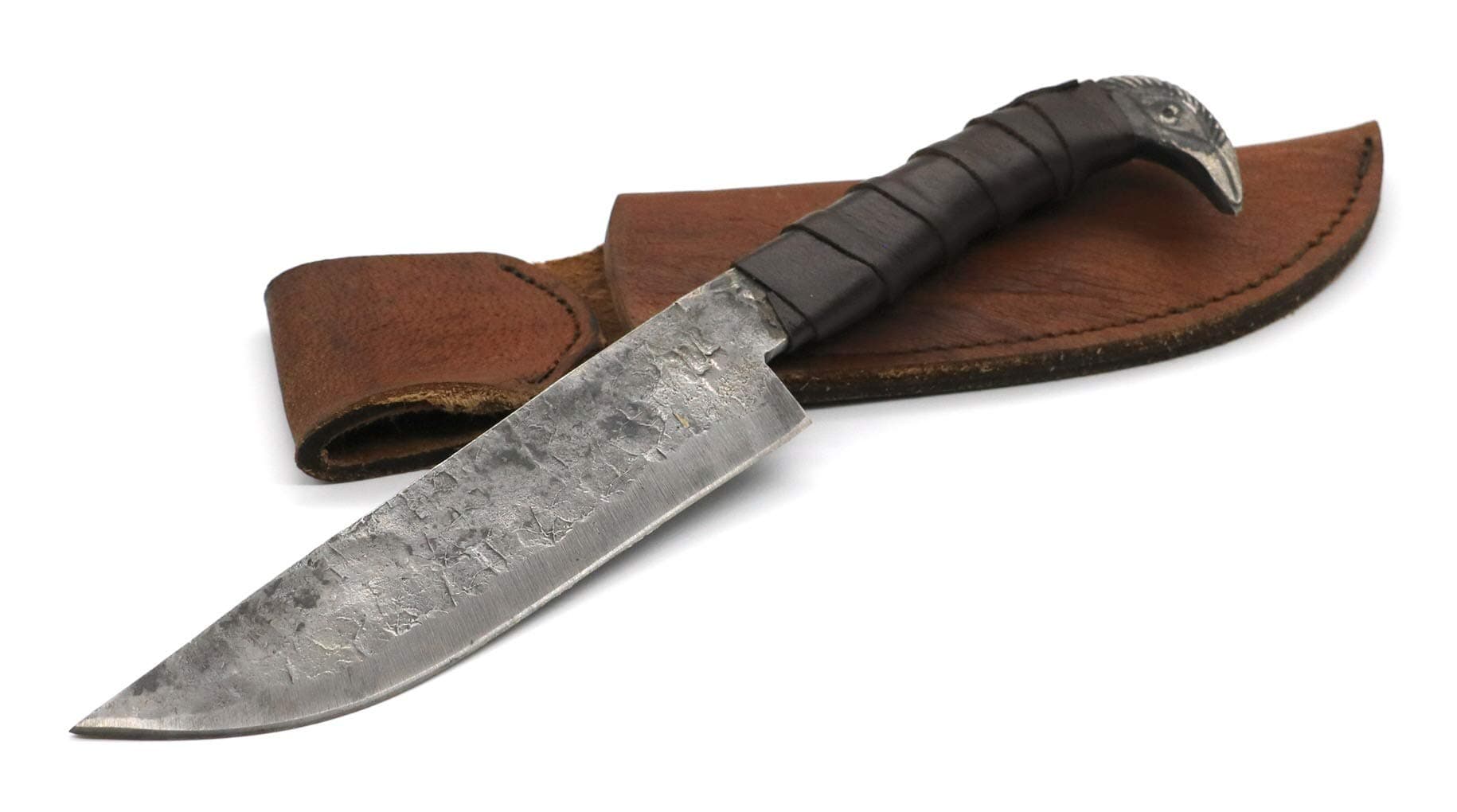 Odin's Raven Norse Viking-styled Knife 10.3" - Hand Forged 6.5" Carbon Steel Blade, Raven's Head Hilt and Leather Sheath - Unique Medieval Seax Style - Norse Knife for Hunting & Camping