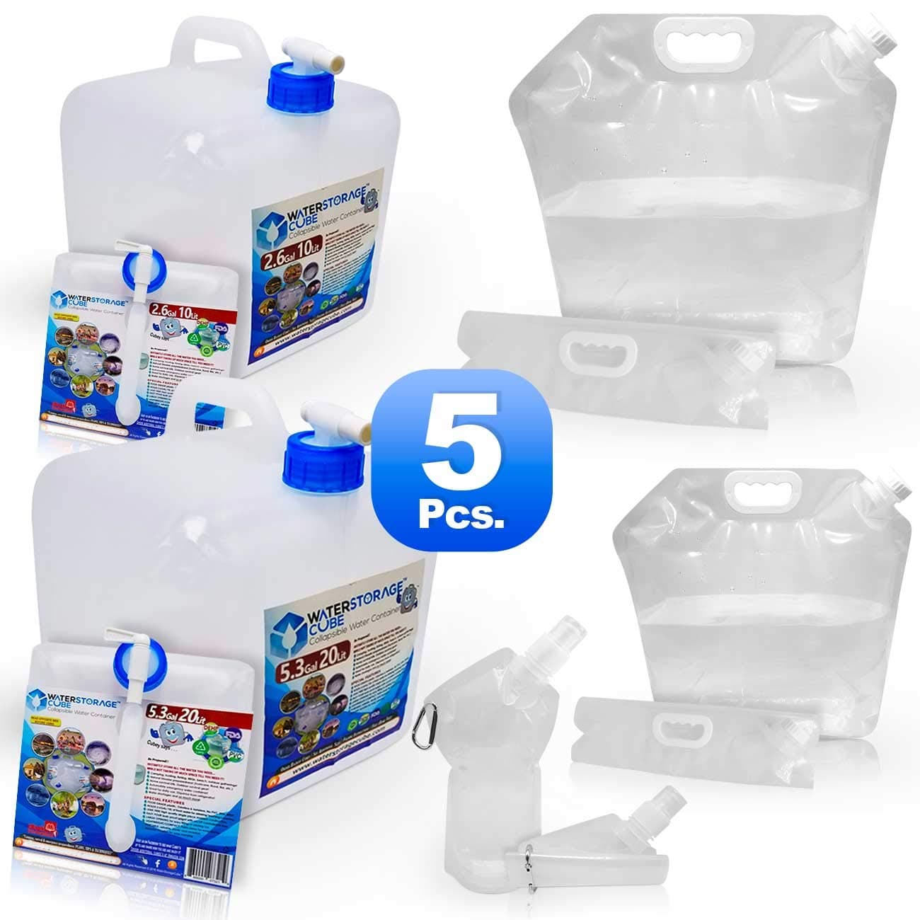 WaterStorageCube Collapsible Water Containers No BPA Odorless Camping Drink Storage Carrier Bag & Jug for Outdoors Hiking Backpack Portable No-Leak Freezable (2 Cube 10L+20L, 2 Bag 5L+10L, 1 Btl 25oz)
