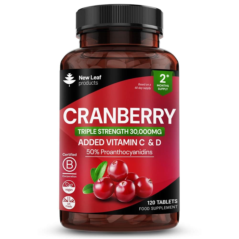 Cranberry Tablets Triple Strength 30,000mg - Added Vitamin C & D - 120 Cranberry Supplements Cranberry Supplements for Women and Men - Vegan Cranberry Tablets for Women Made in UK by New Leaf