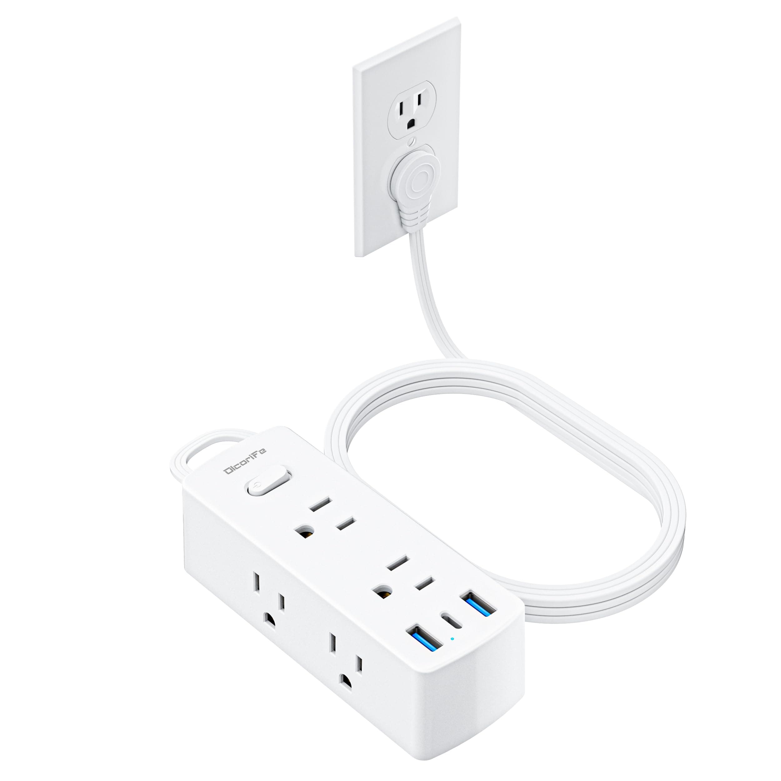 Flat Extension Cord 25ft, Olcorife Flat Plug Power Strip with 6 Outlets 3 USB Ports(1 USB C), 3-Side Outlet Extender Surge Protector for Home Office Dorm Room Essentials, White