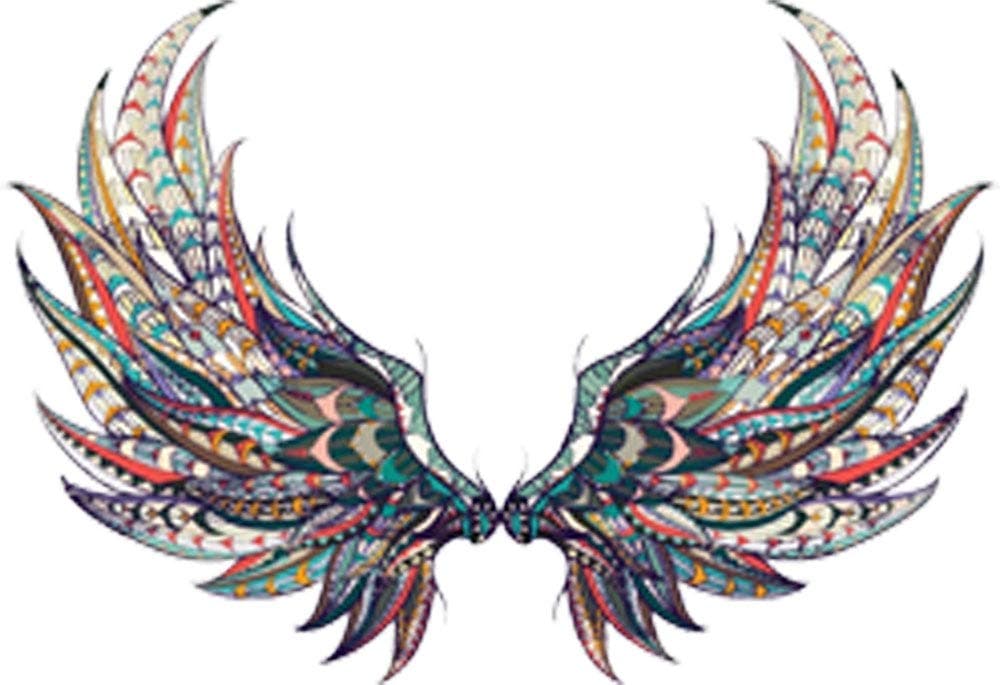 Beautiful Colorful Feather Angel Wings Tribal Pattern Feather Cartoon Art Vinyl Sticker (2" Wide, Full Wings)