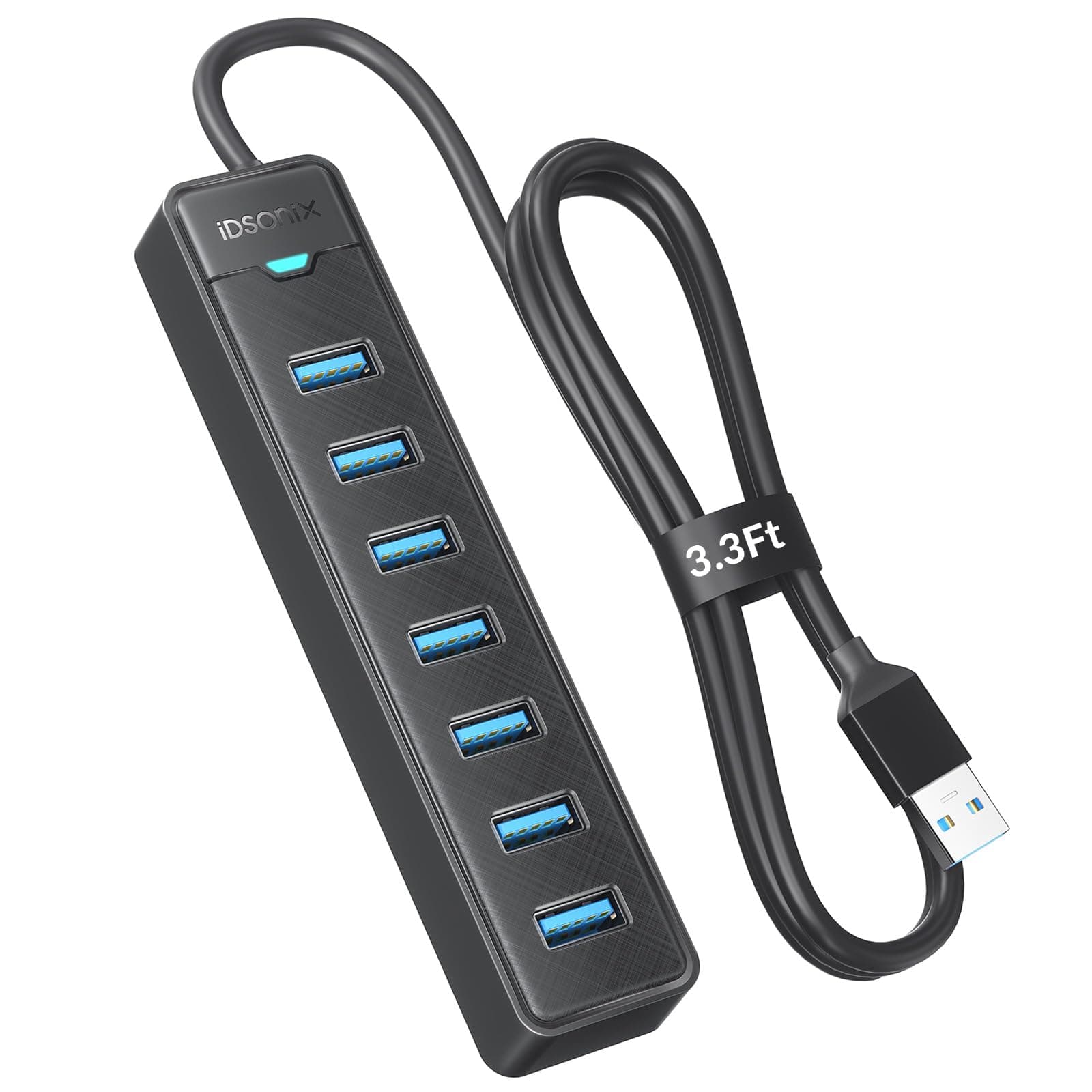 IDSONIX SMART INTERACTIVE 7 Port USB 3.0 Hub Long Cable [3.3Ft] USB Hub 5Gbps Data, USB Extension Multiport Adapter for PC, Laptop More