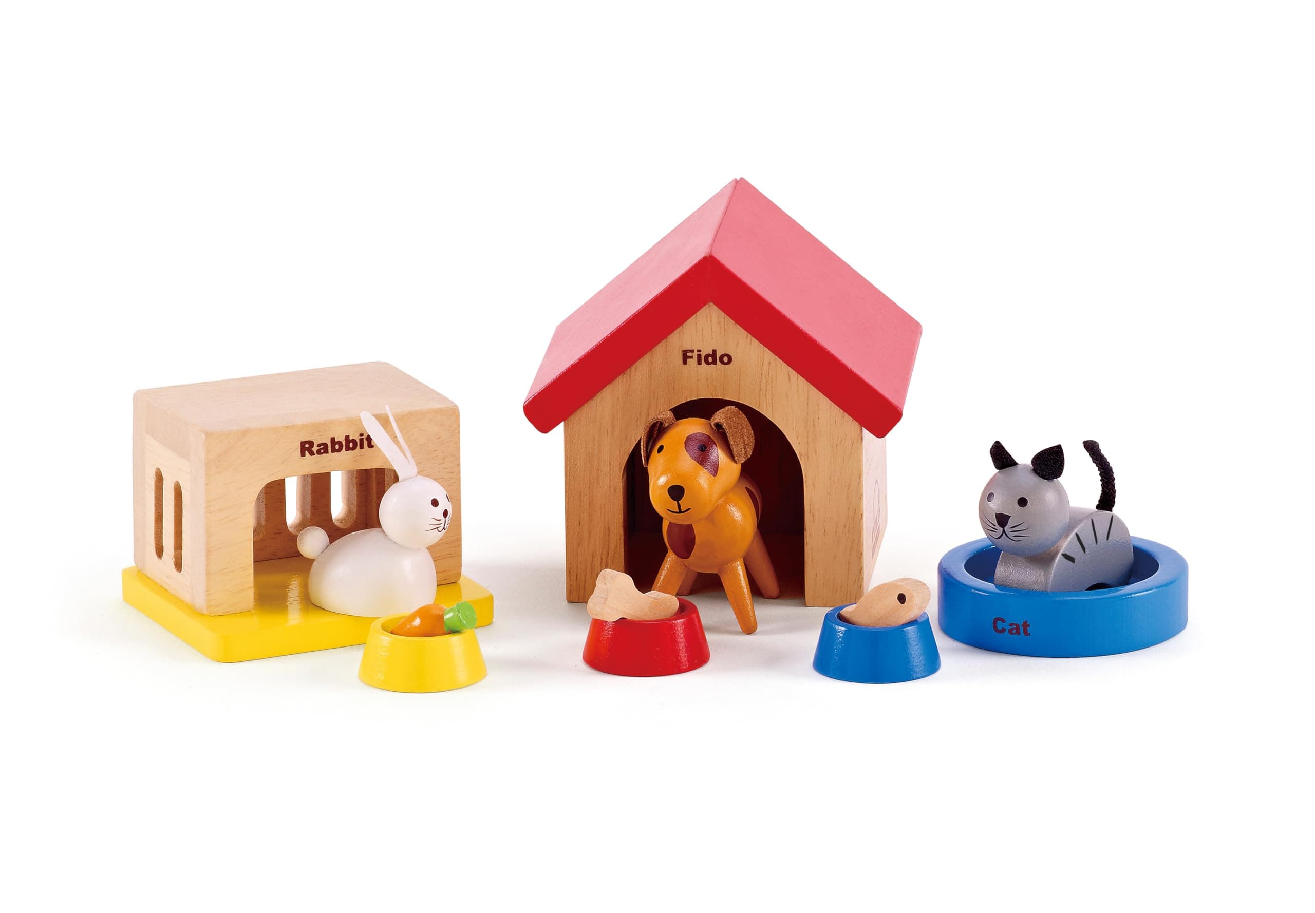 Hape Family Pets | Complete Your Wooden Dolls House with Happy Dog, Cat, Bunny Pet Set with Complimentary Houses and Food Bowls