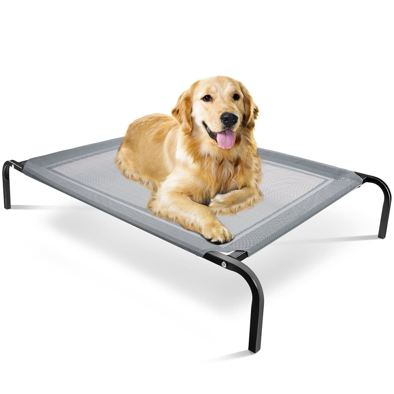 Elevated Dog Bed with Steel Frame, Temp Control - Chew-Proof Pet Cot w/Trampoline Suspended Raised Hammock - Best for Portable in/Out Door Use - Cooling Platform - Large