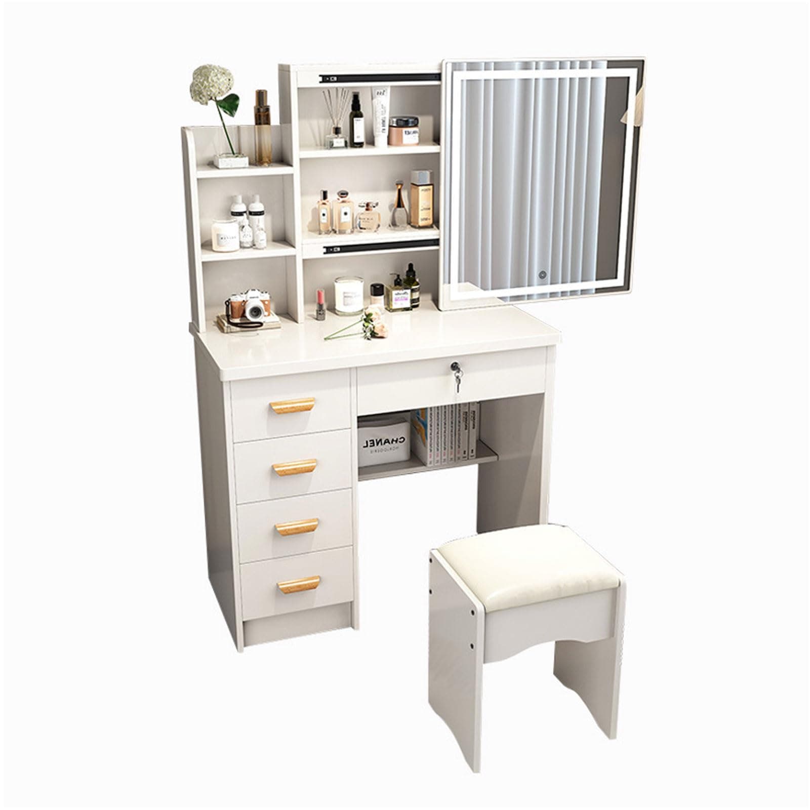 Traditional Vanity Table with Sliding Lighted Mirror, 5 Drawers & Hidden Shelves, Cushioned Stool, Engineered Wood Material