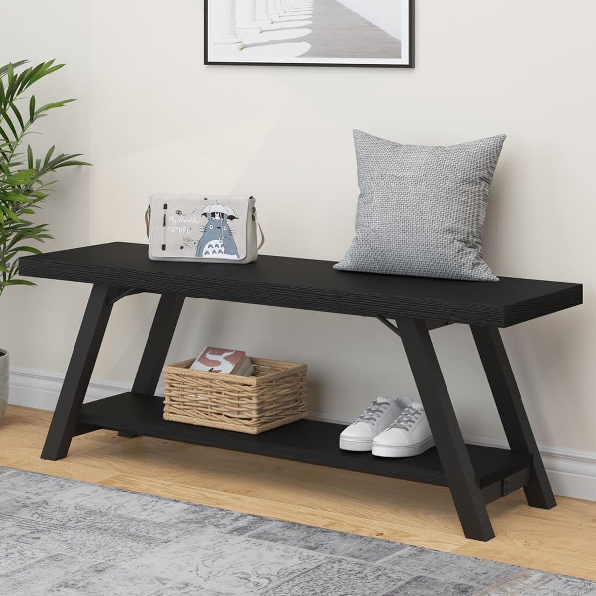 – LVB Black Bench, Modern Storage Bench for Bedroom, Wood Metal Entryway Bench for Hallway Dining Living Room, Famrhouse Shoe Rack Indoor Accent Seating Benchs for Foyer Entrance, Black Oak 47 Inch Long