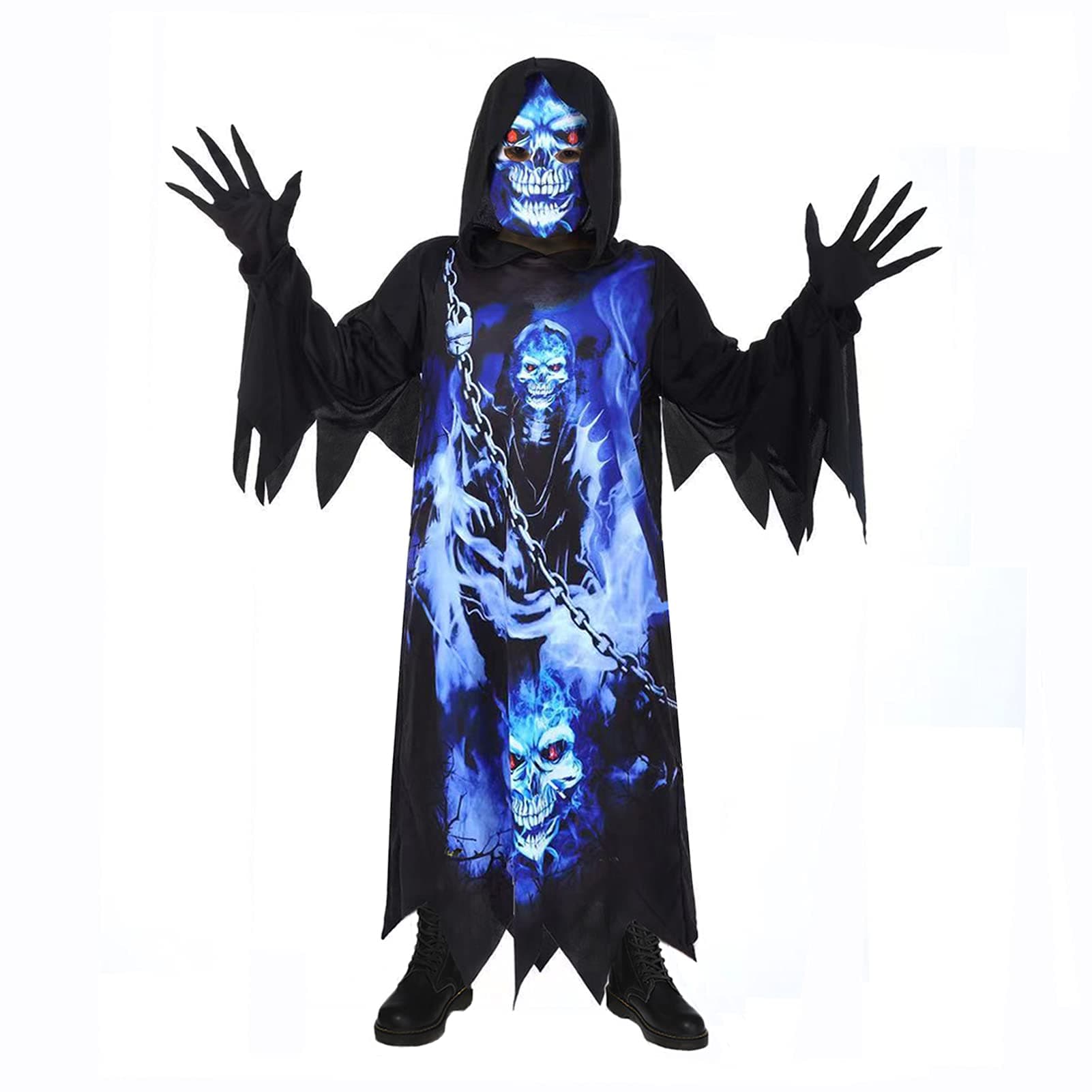 Sincere Party Grim Reaper Costume For Kids,Phantom of the Darkness,Spooky Black Robe with Spooky Gloves,Printed Mask.
