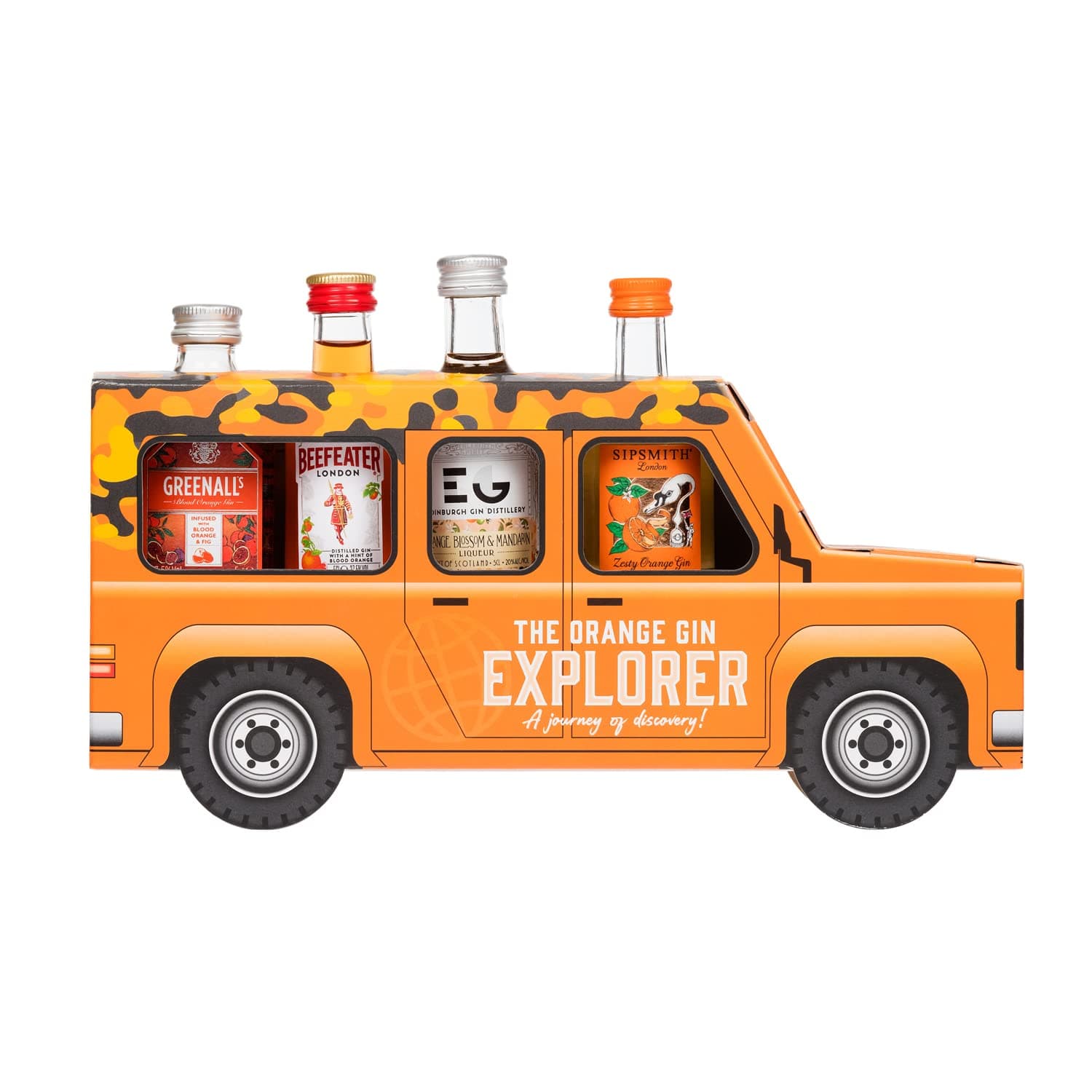 The Orange Gin Explorer Jeep Gift Box includes 4 flavoured 5cl Gins - Novelty...