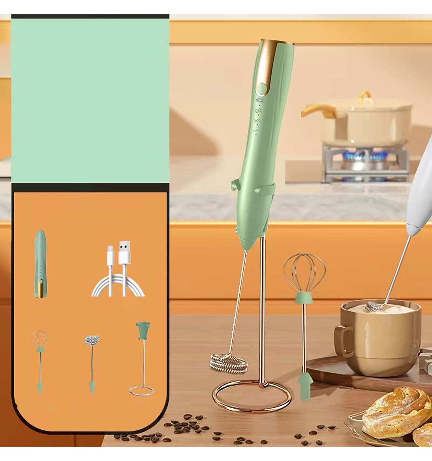 Mimiblack Milk Frother Wand,Electric Whisk,Rechargeable Mini Hand Held Frother with Stand,Powfull frother Mixer 3 Variable Speeds Adjustable for Coffee, Latte, Matcha, Hot Chocolate, Egg(Green)