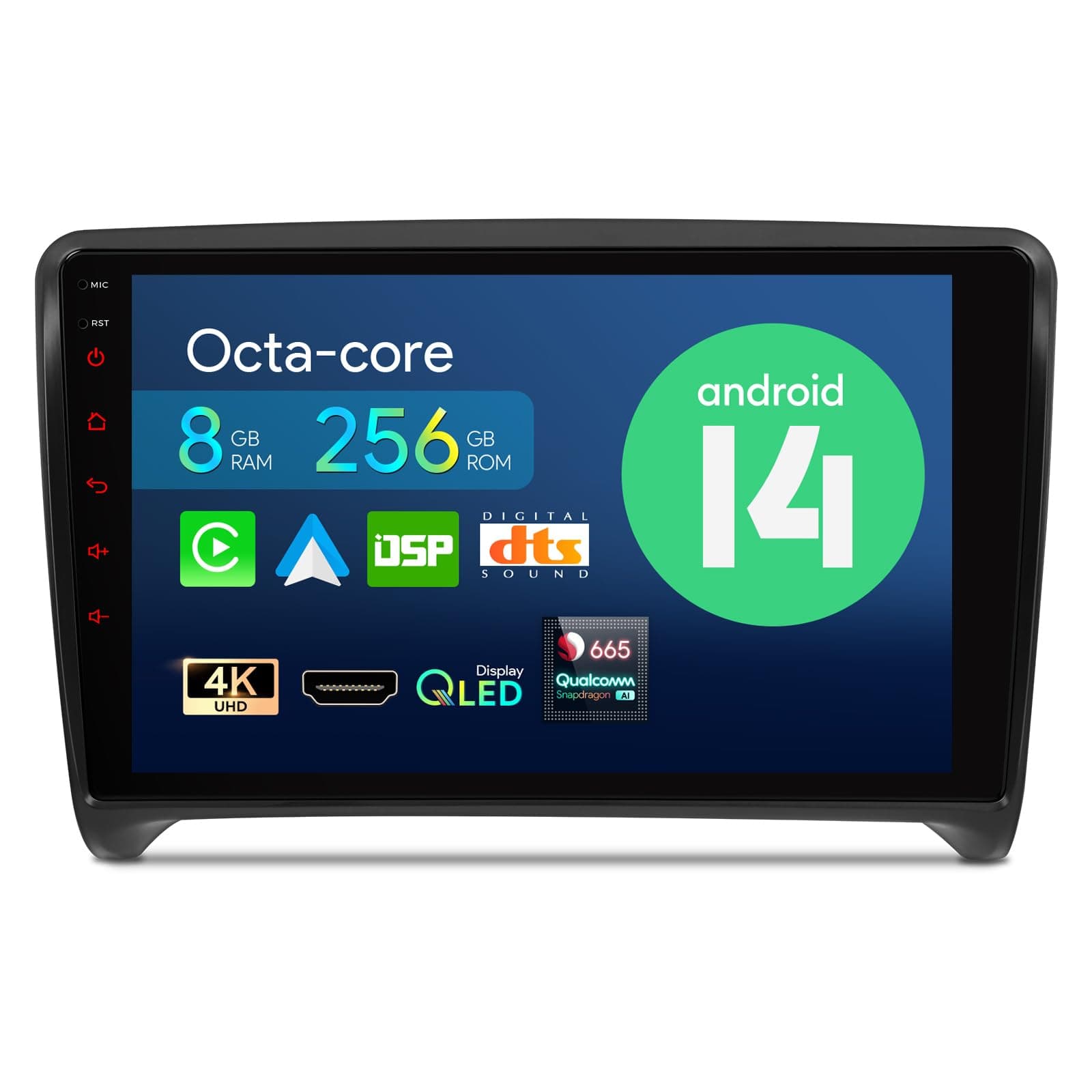 Car Stereo for Audi TT MK2, Android 14 Qualcomm Octa Core 8GB+256GB Car Radio, 9 Inch QLED Touch Screen GPS Navigation for Car Bluetooth Head Unit DSP CarPlay Android Auto