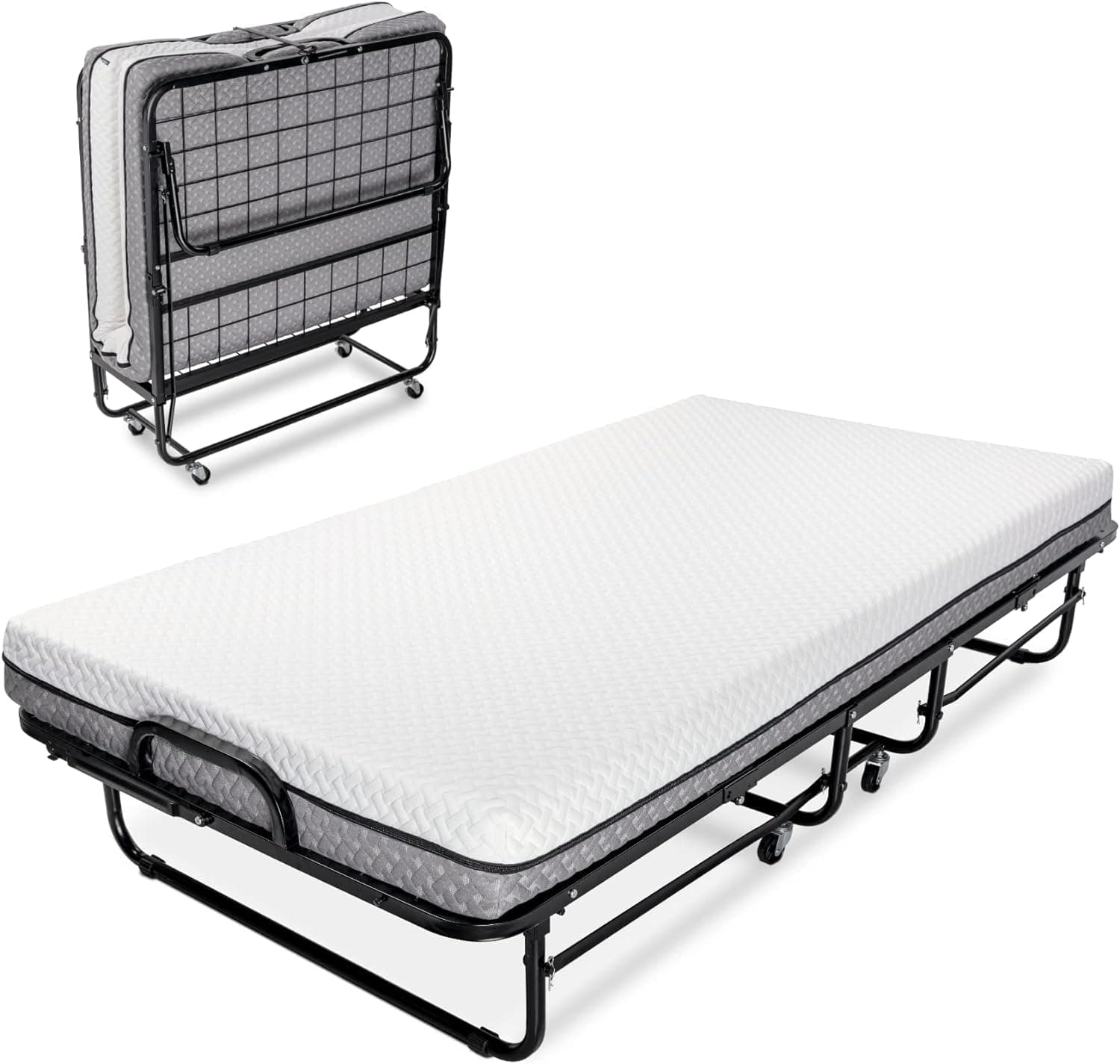 Deluxe Diplomat Folding Bed with Memory Foam Mattress & Strong Frame, Twin Size, 75" x 38", Fold Up, Roll Away, & Hideaway