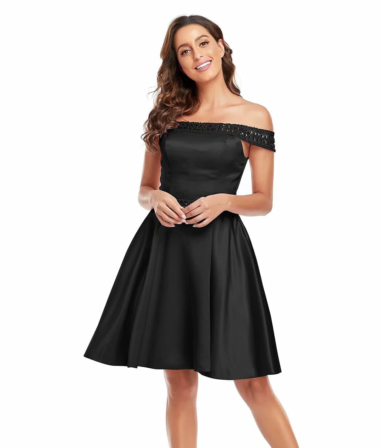 Off The Shoulder Satin Homecoming Dresses with Pockets Beaded Short Prom Dress 2021