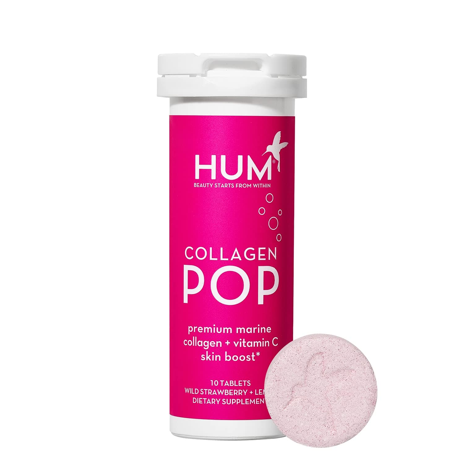 HUM Collagen Pop Marine Collagen Peptides Tablet, Clean Skin Supplement for Women & Men to Support Skin Hydration Levels On The Go, Dissolvable Tablets Strawberry Lemon, 1 Pack, 10 Tablets Each