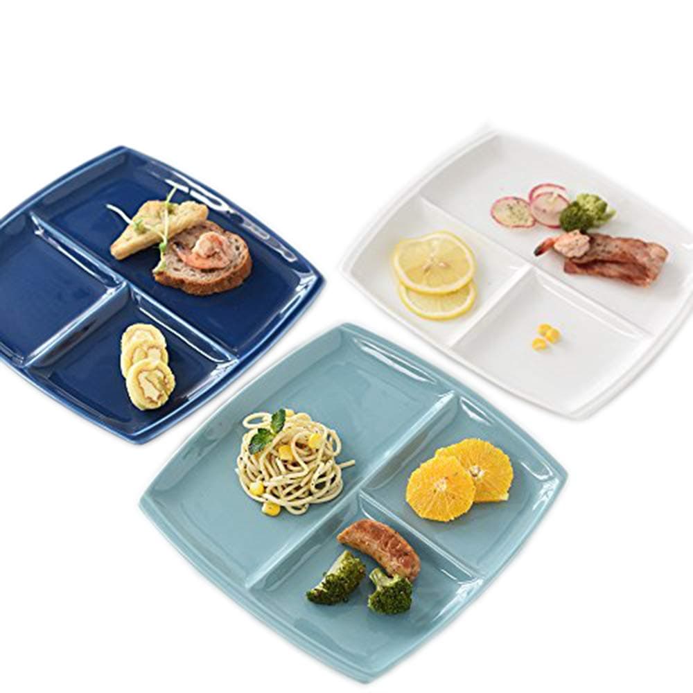 Square Dinner Plates - Dishwasher and Microwave Safe - Healthy Portion Control Ceramic Divided Plate - 25 X 25 cm(10"X10”) Pack of 3 Blue and White - Best for Adults & Teens Daily Use By BANFANG (3* square)