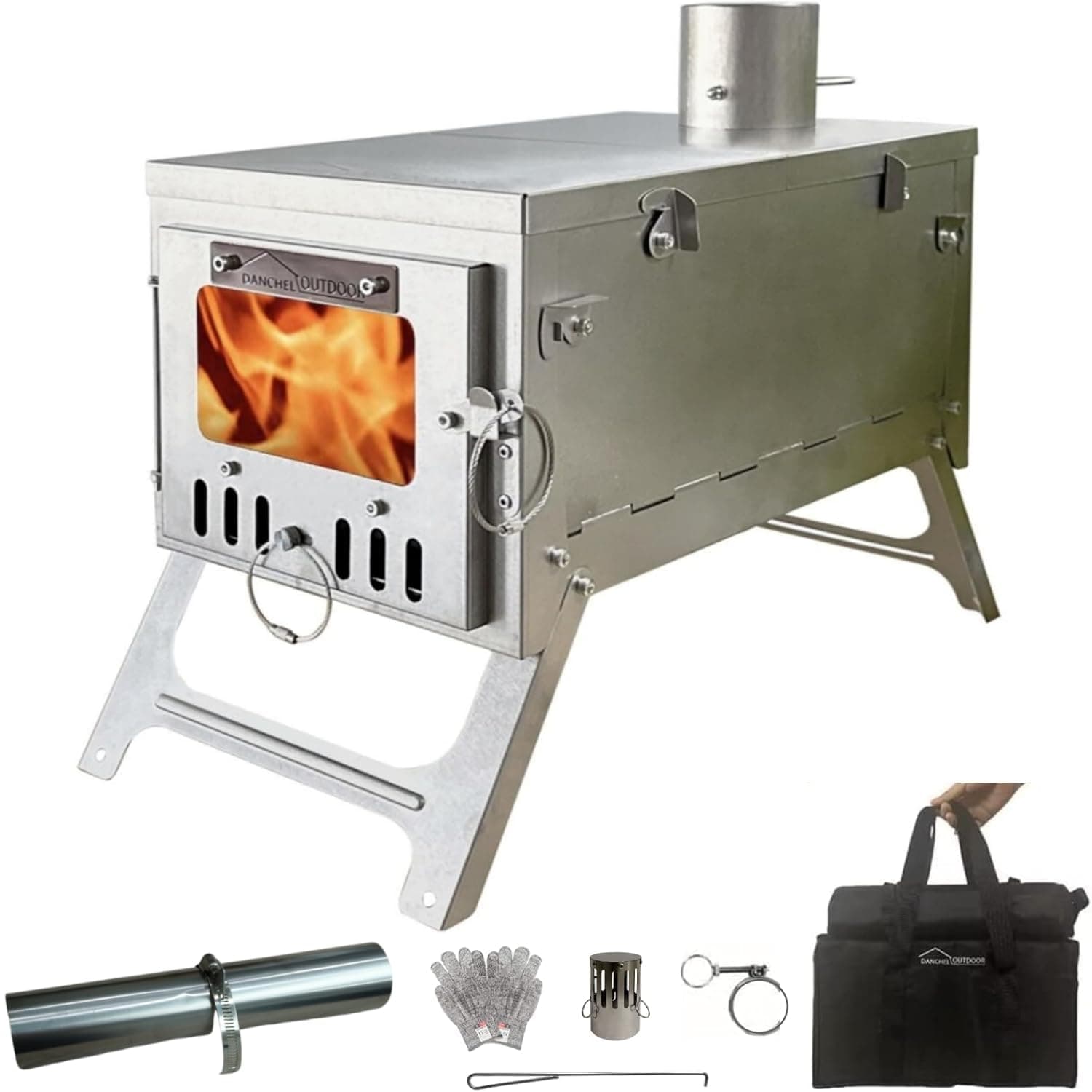 DANCHEL OUTDOOR T6 Ultralight Titanium Wood Stove for Camping Backpacking, 4.4lbs Folding Hot Tent Stove with 7.2ft Chimney Pipe, Easy Setup for Solo Survival, Cooking