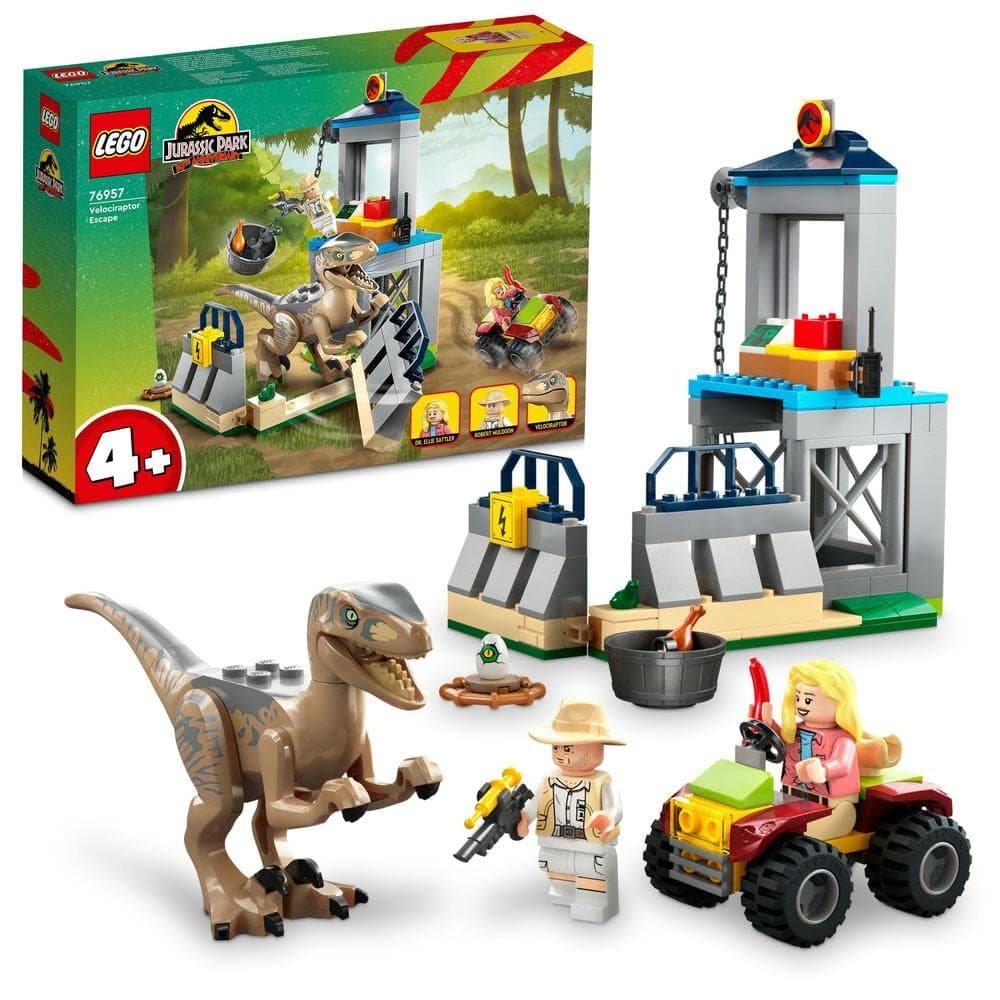 76957 Jurassic Park Velociraptor Escape Dinosaur Toy for Boys, Girls, Kids Aged 4 and Up, Set with Dino Figure, Off-Road Car and 2 Minifigures