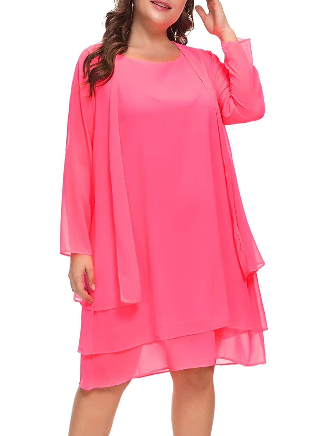 MISSJOY Plus Size Women's Chiffon Dress Mother of The Bride Dresses with Jacket Long Sleeve 2pcs Set Knee Length Pink