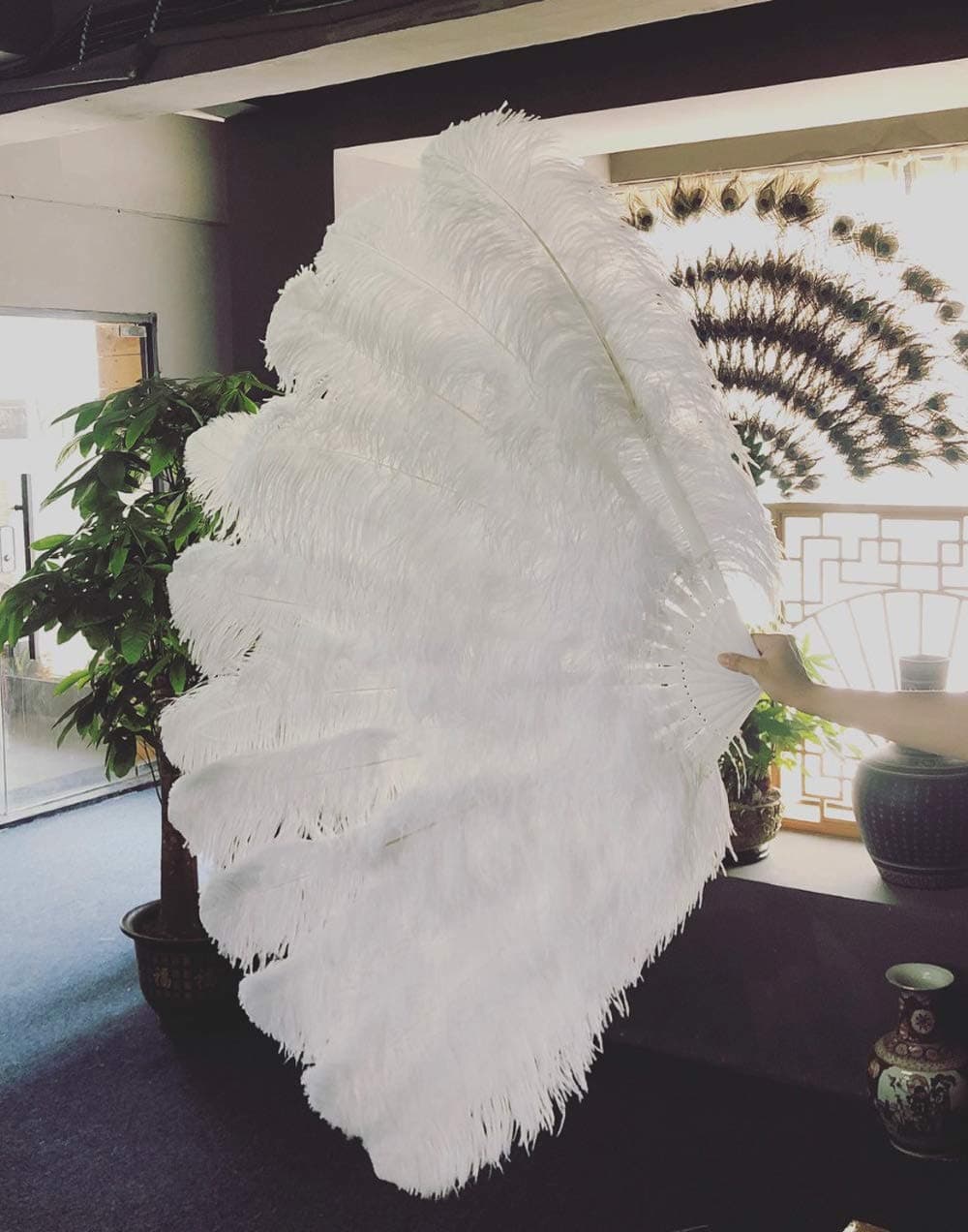 White XL 2 Layers Ostrich Feather Fan 34" X 60" with Travel Leather Bag (for a Pair)