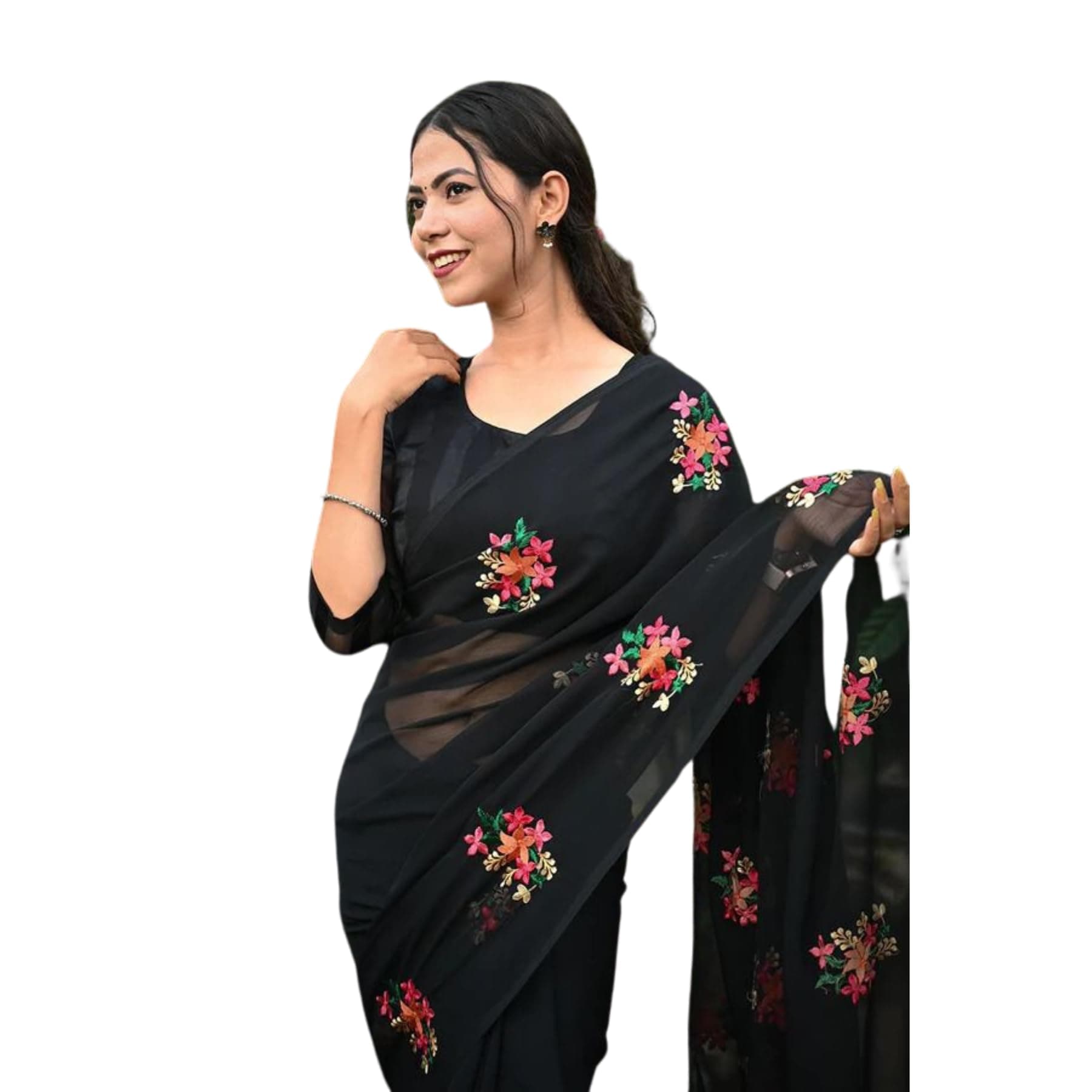 SWADESI STUFF Georgette Sarees for Women, Embroidered Saree in Black