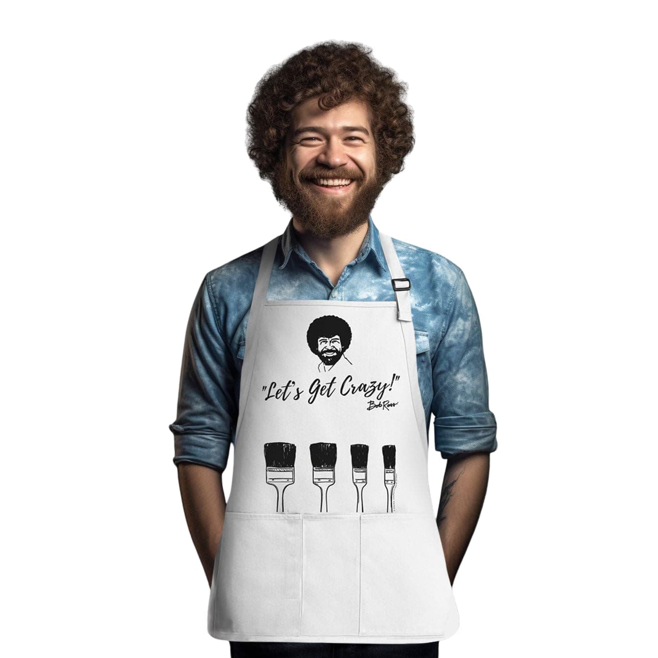 Bob Ross Apron | Perfect for Women, Men, and Kids | Features Paint Brush Pockets | White Canvas 100% Cotton Material | Great for Painting and Cooking | Unique Gift for Art Enthusiasts | Comfortable
