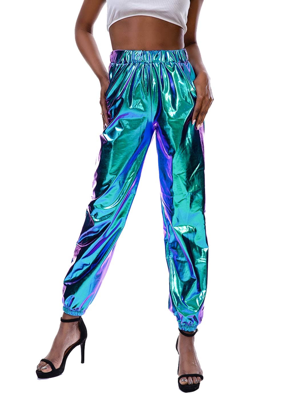 Womens Shiny Metallic High Waist Stretchy Jogger Pants, Wet Look Hip Hop Club Wear Holographic Trousers Sweatpant