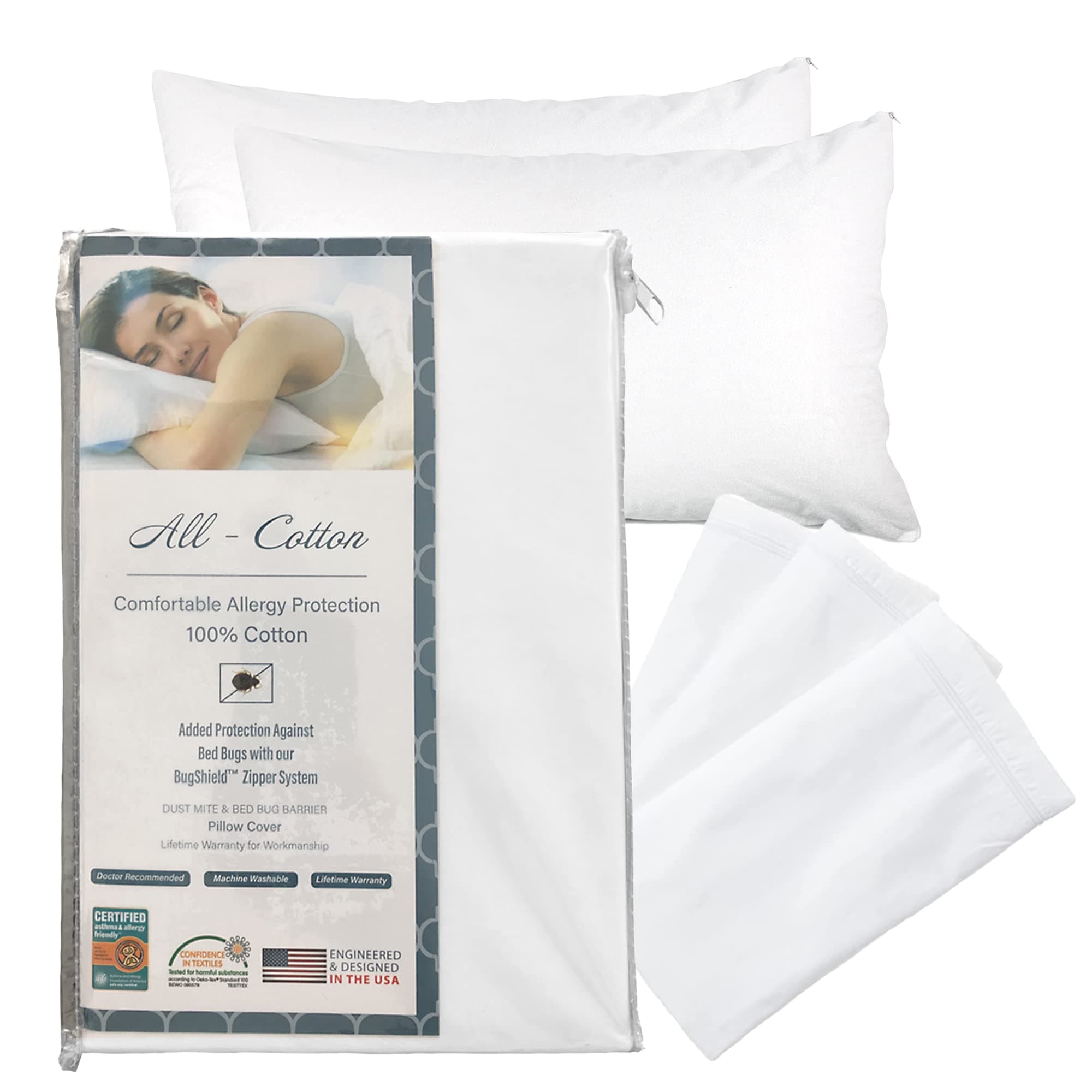 Premium 100% Cotton Zippered Pillow Protector - Queen Size - White - 4 Pack - 300 Thread Count - Hypoallergenic Bed Pillowcase with Zipper - Breathable Encasement Cover